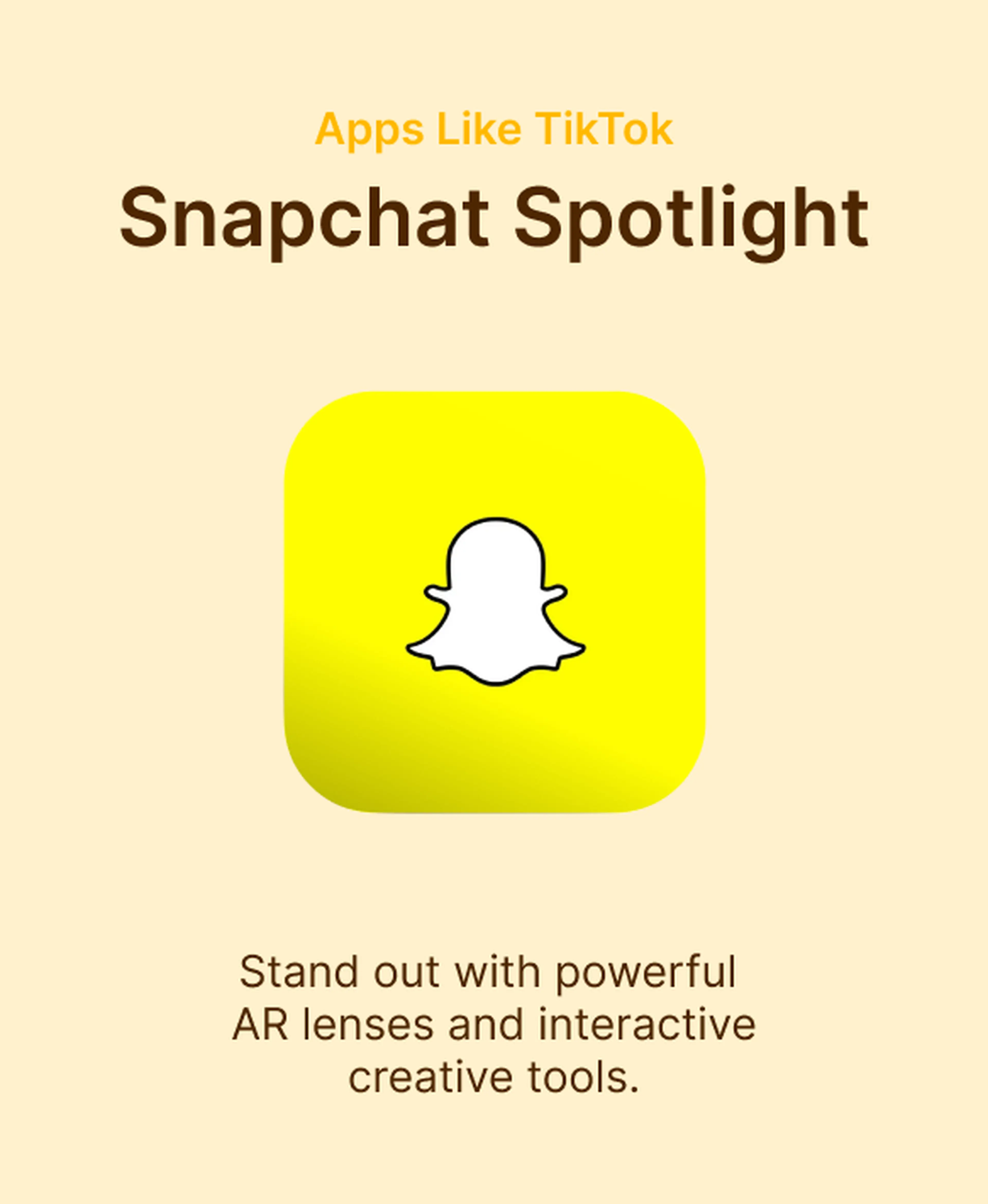 Snapchat Spotlight yellow app icon featured among apps like TikTok, highlighting powerful AR lenses and interactive creative tools on a soft cream background