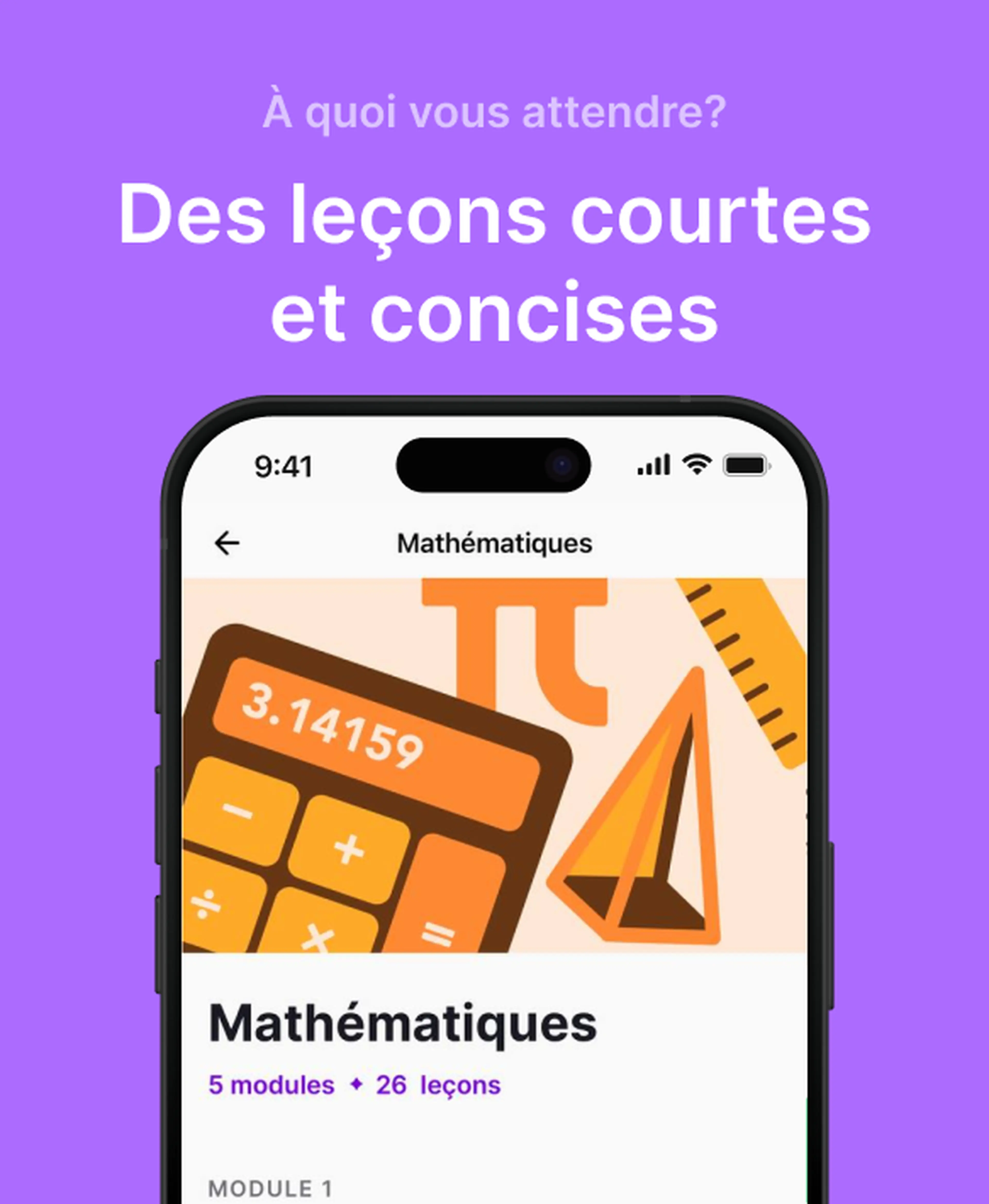 Application de mathématiques sur smartphone montrant des leçons courtes avec calculatrice orange, symbole pi et règle illustrés, sur fond violet