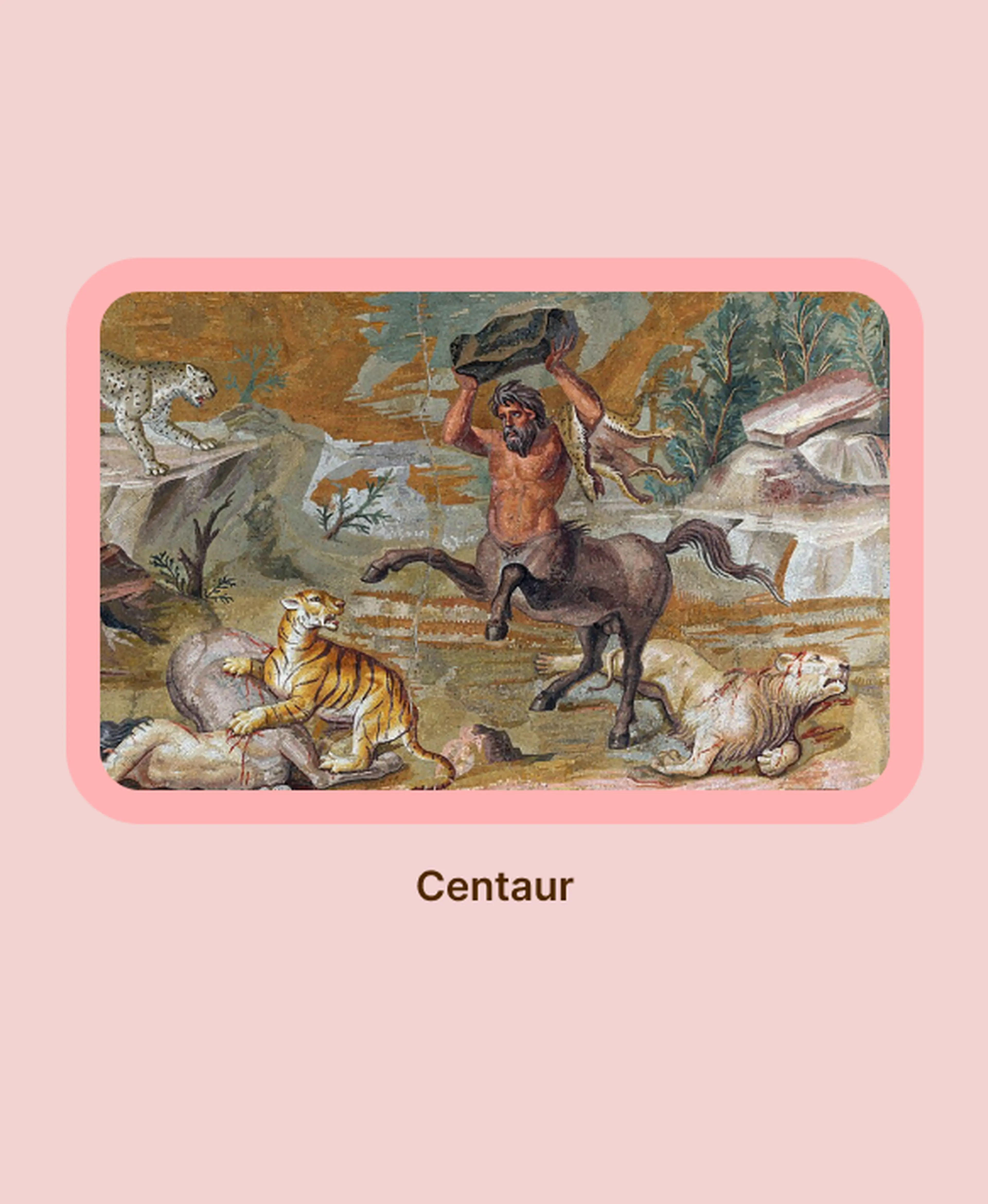 Ancient mosaic of a centaur from Greek mythology raising a rock to battle a tiger and lion in a rocky landscape, with a snow leopard watching nearby