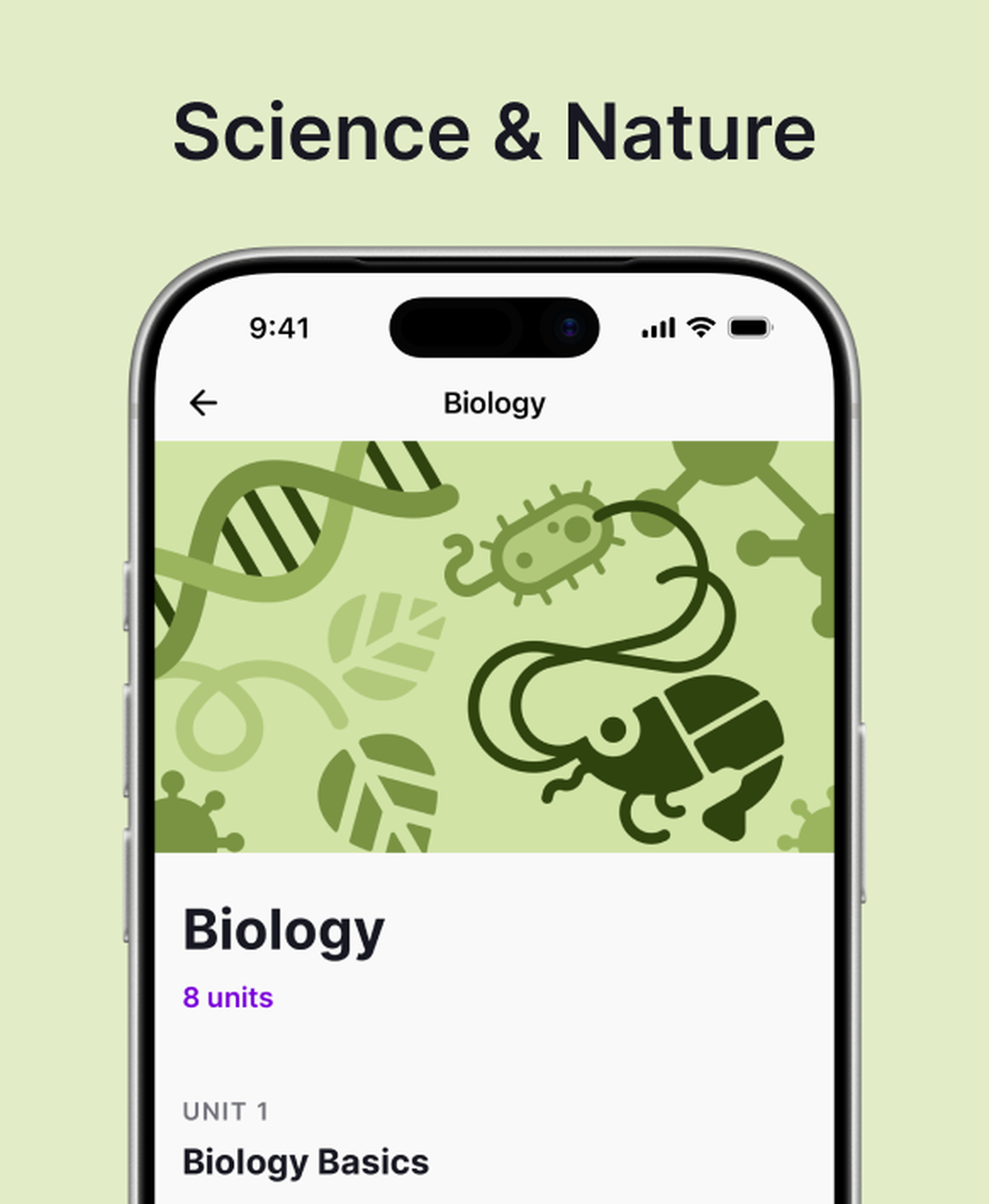 Smartphone showing the Nibble app's Personal Finance course with 7 units and Unit 1 Essential Financial Concepts, featuring green illustrations of a dollar bill, percentage star and price tags