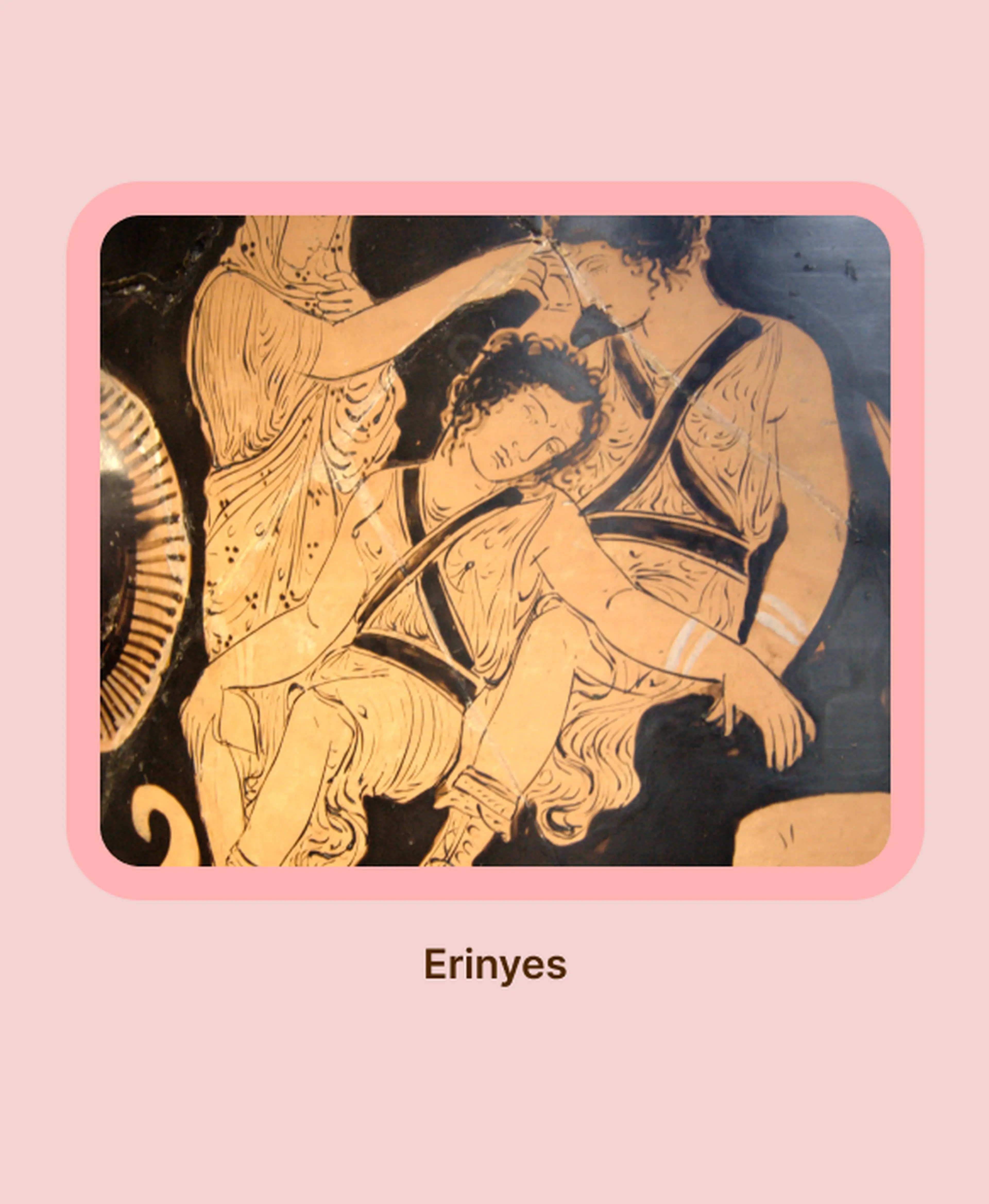 Ancient Greek red-figure vase painting depicting the Erinyes, avenging goddesses linked to nemesis in Greek mythology, shown in orange figures against a black background