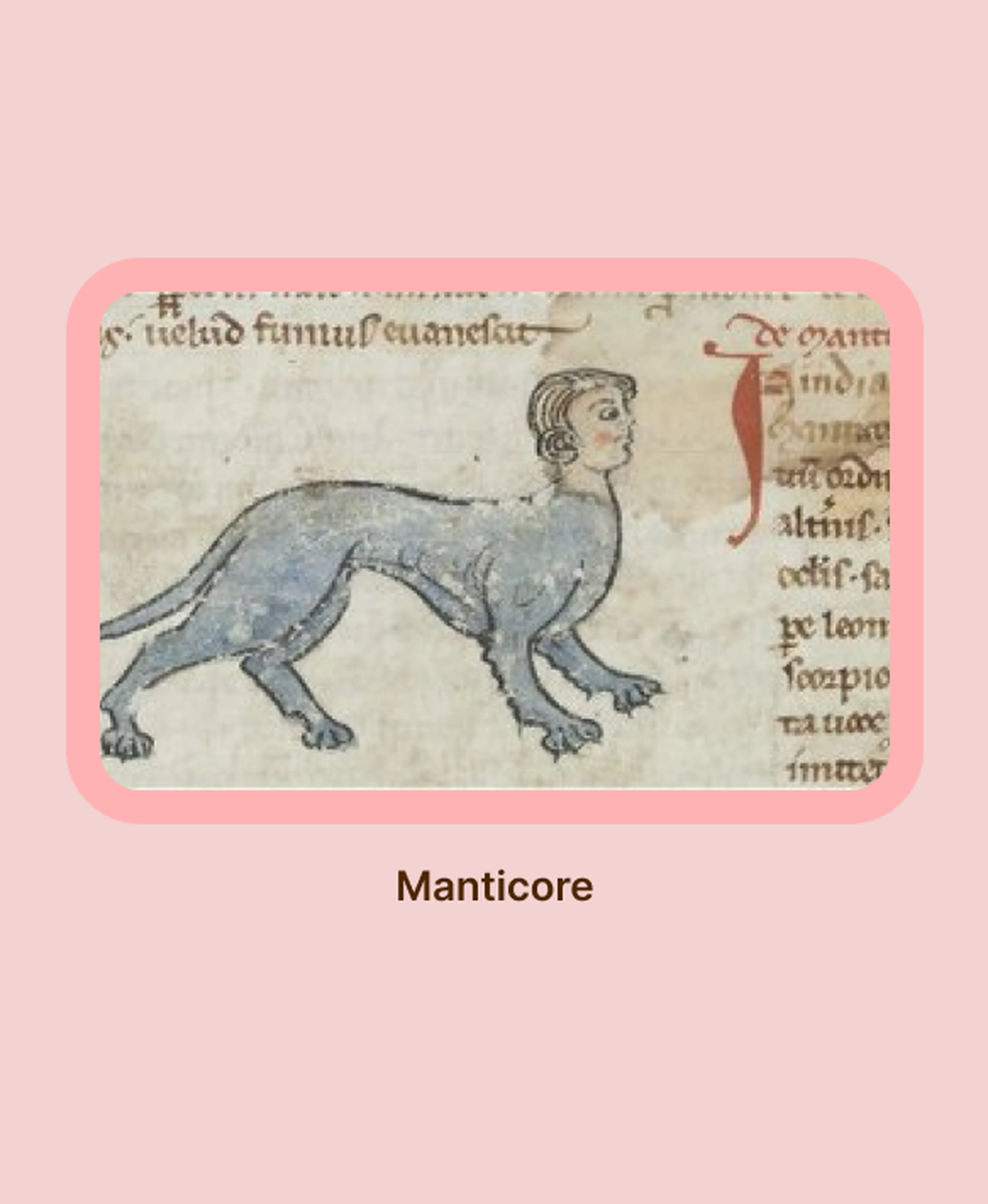 Medieval manuscript illustration of a manticore with a blue lion's body and human head, surrounded by Latin text, referencing creatures from Greek mythology like Nemesis