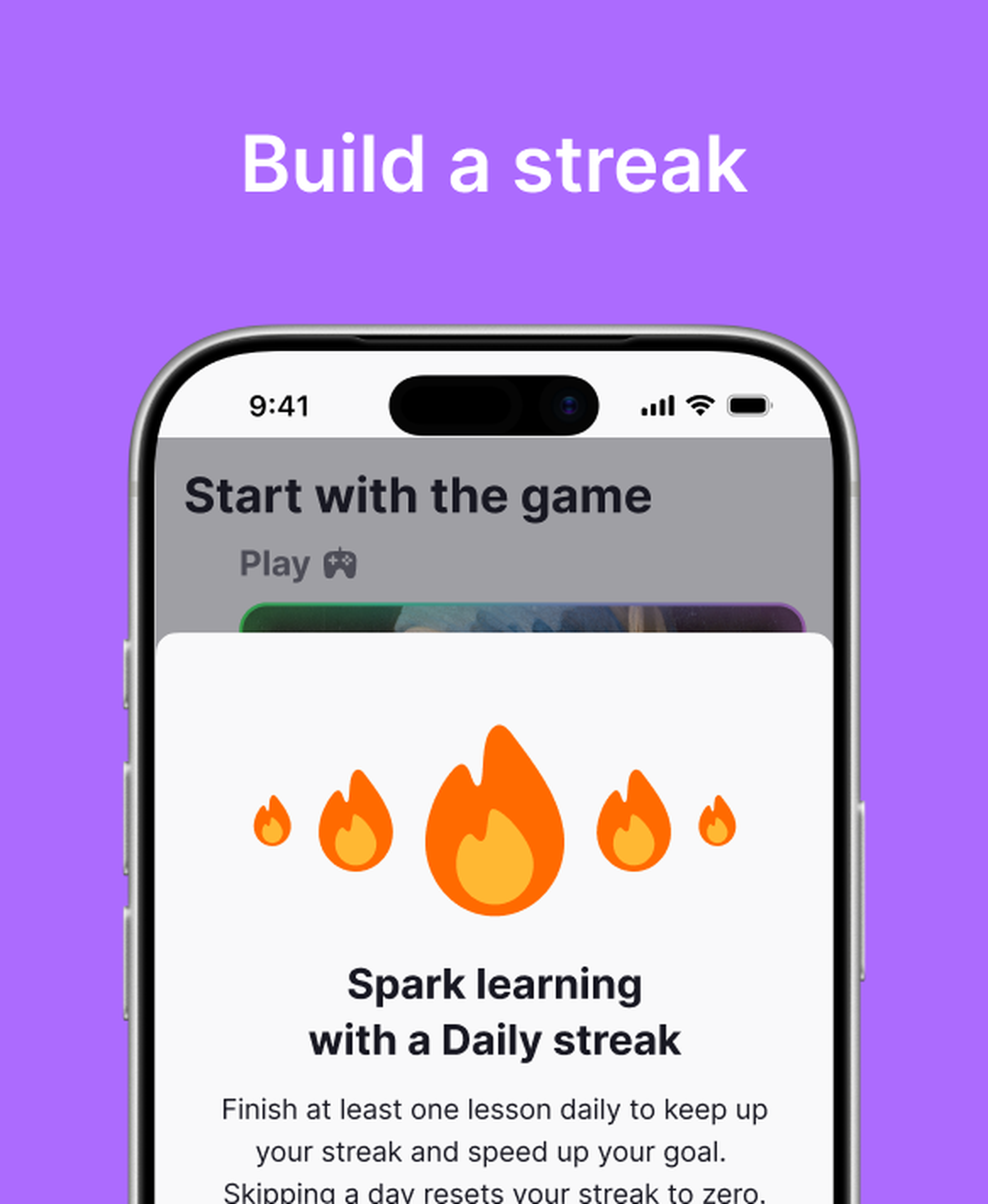 Smartphone showing the Nibble app's daily streak screen with orange flame icons and a learning game prompt, set against a bright purple background with _Build a streak_ heading