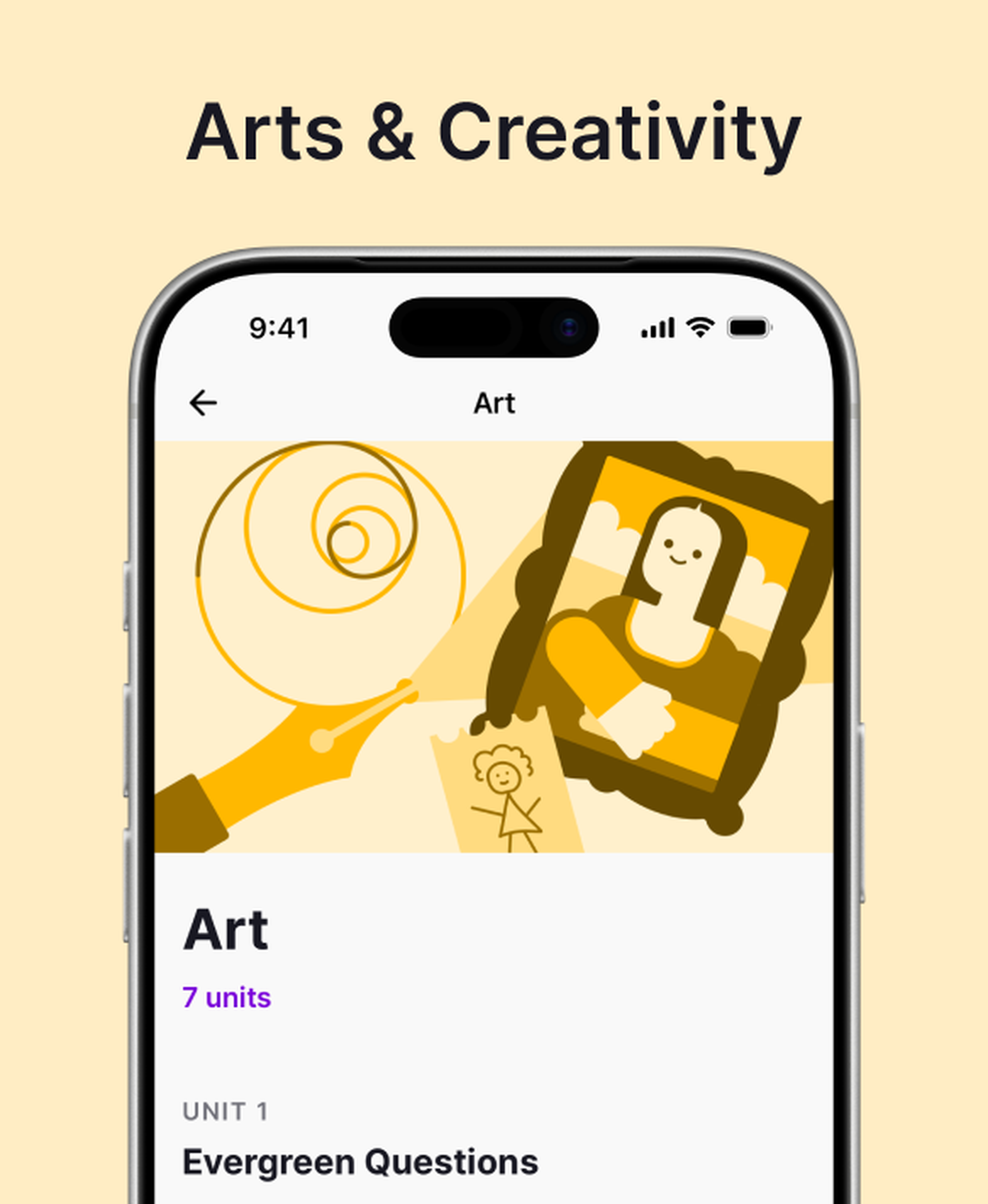 Arts & Creativity course in the Nibble app shown on an iPhone, with an Art unit header illustrating a fountain pen drawing a spiral, a child's stick figure sketch and a framed Mona Lisa-style portrait