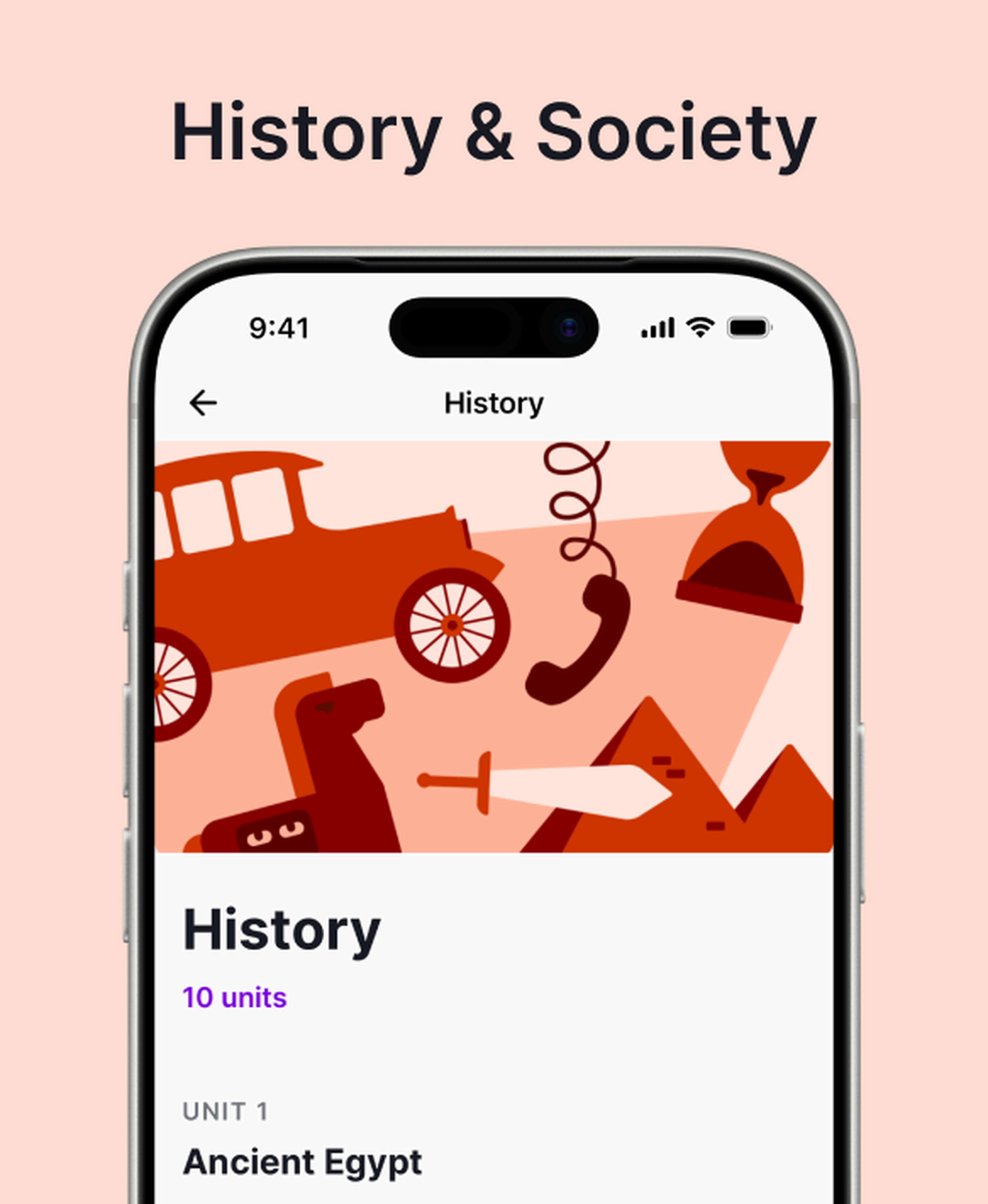 Nibble app History course screen on an iPhone, showing a red illustration of a train, telephone, hourglass, Trojan horse, sword and pyramids, with 10 units starting at Ancient Egypt