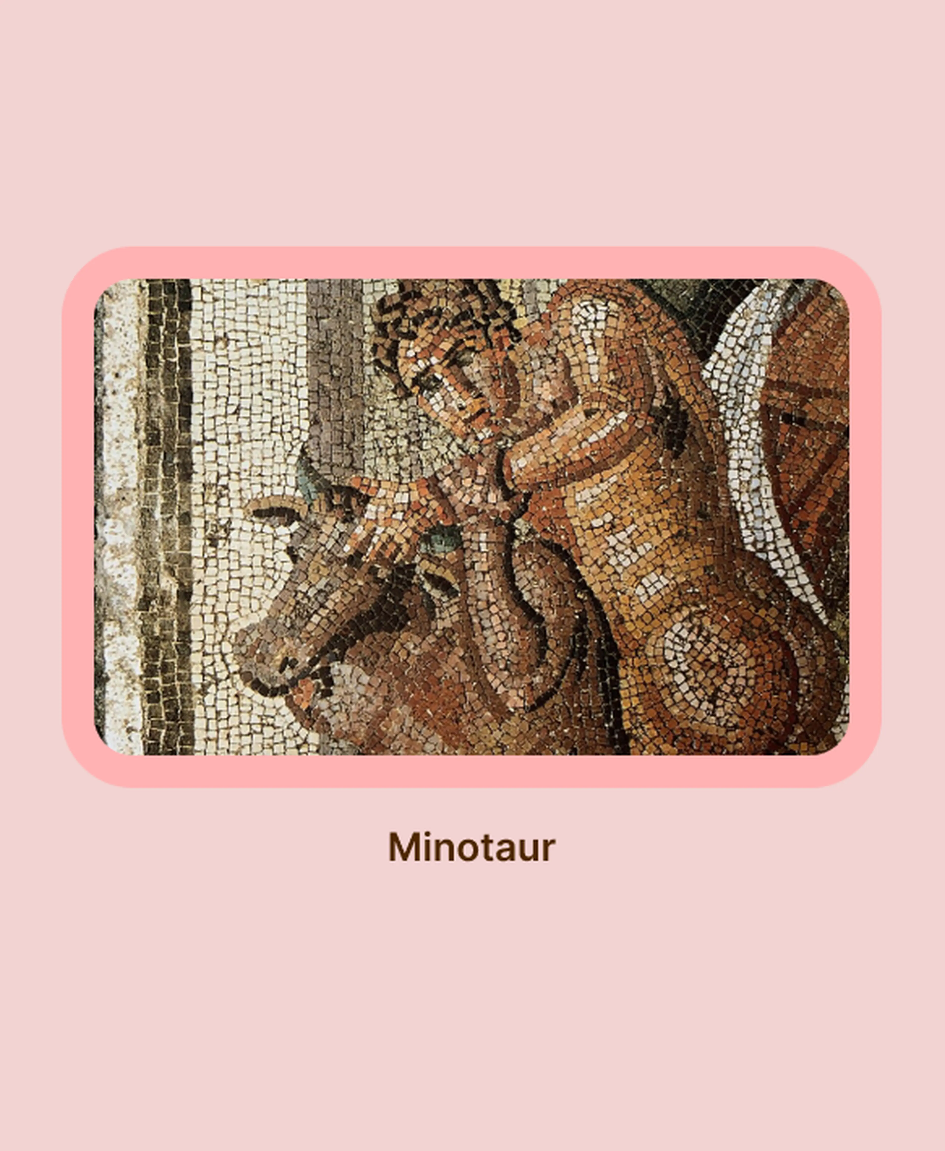 Ancient Roman mosaic depicting the Minotaur from Greek mythology, showing a muscular figure with a bull's head rendered in earthy tan, brown and white stone tiles