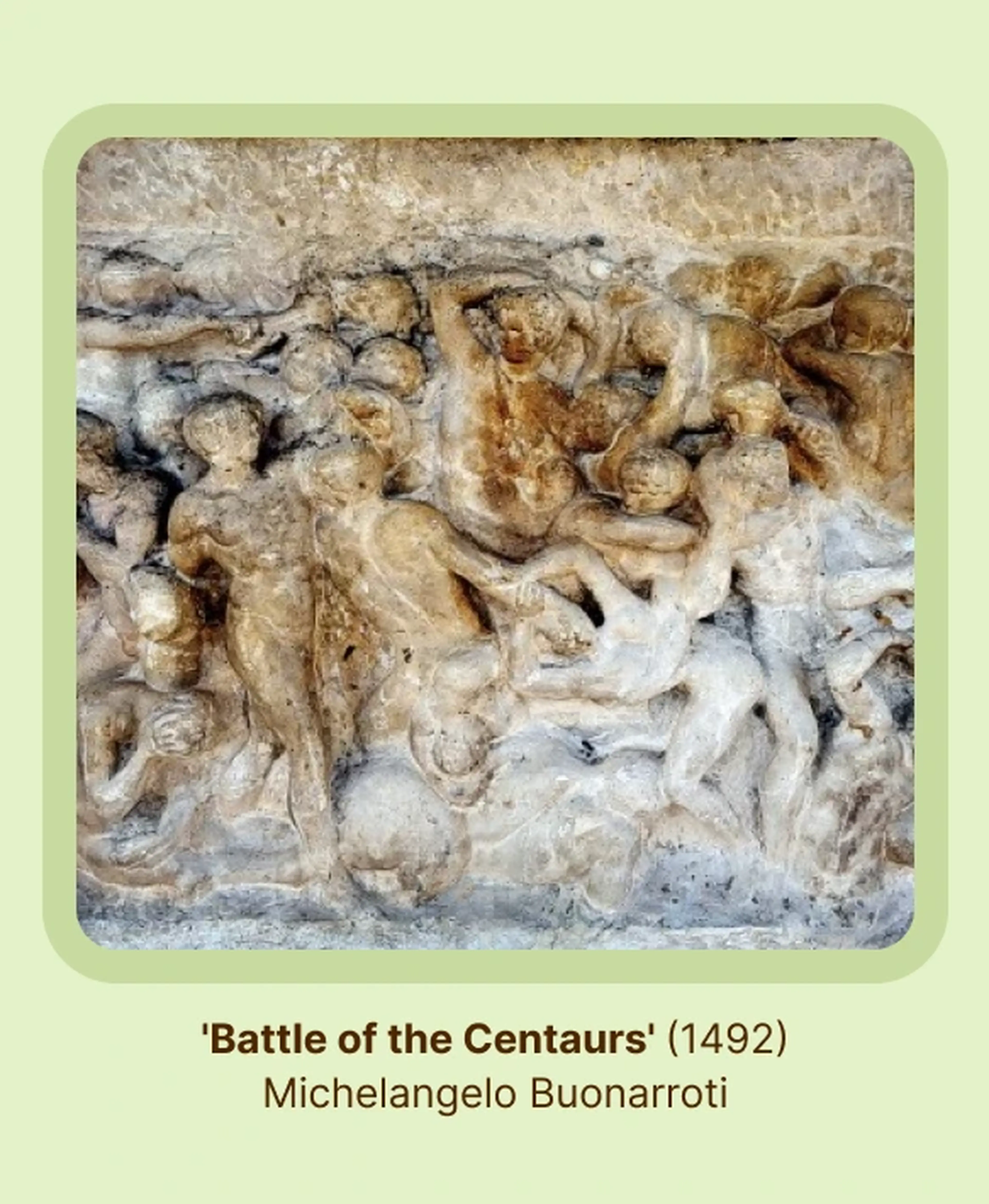 Battle of the Centaurs marble relief, among Michelangelo's famous works, depicting a chaotic mass of muscular intertwined nude figures carved in rough textured white stone