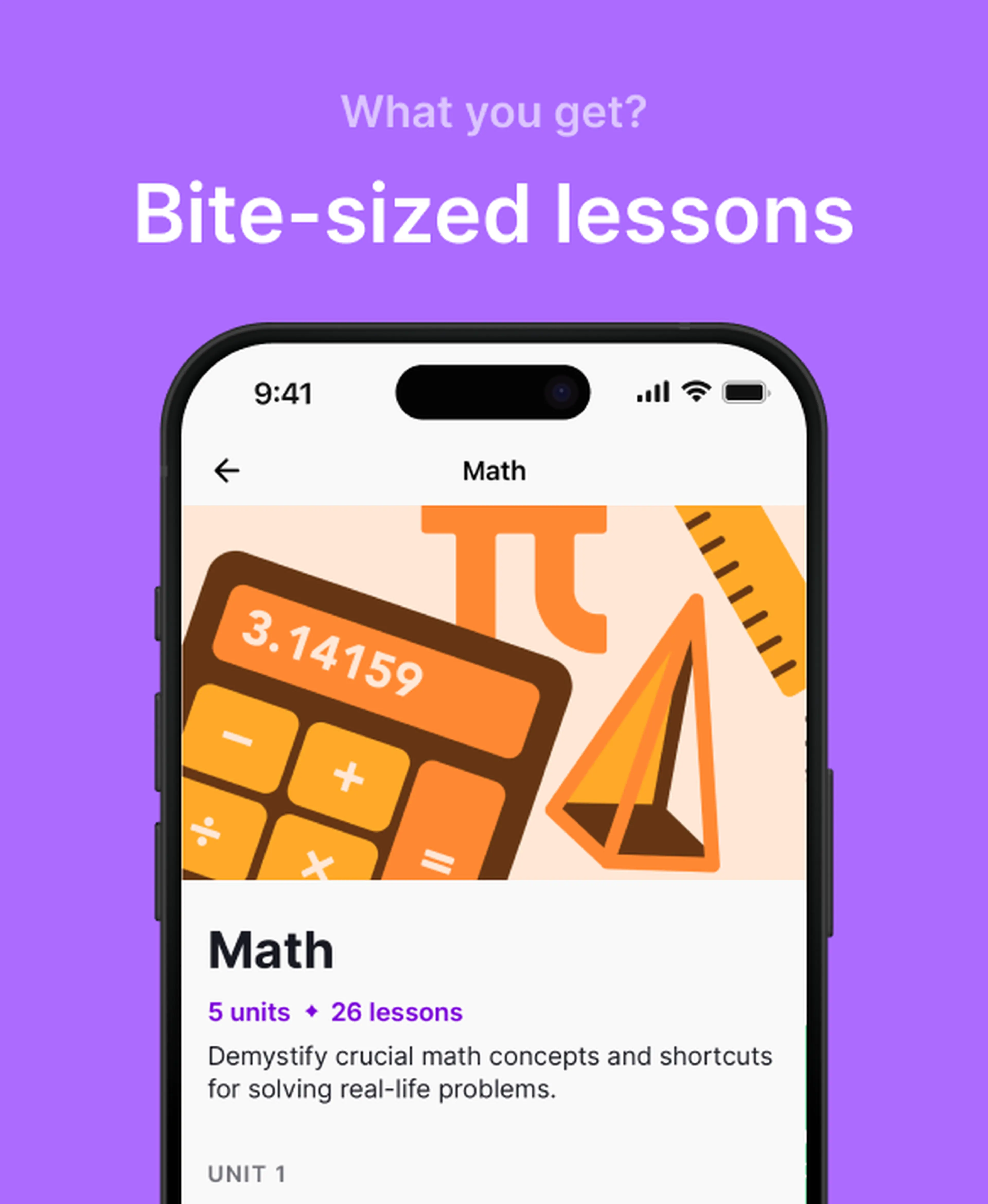 Smartphone showing the Nibble app Math course with bite-sized lessons, featuring an orange calculator, ruler and pi illustration on a purple background