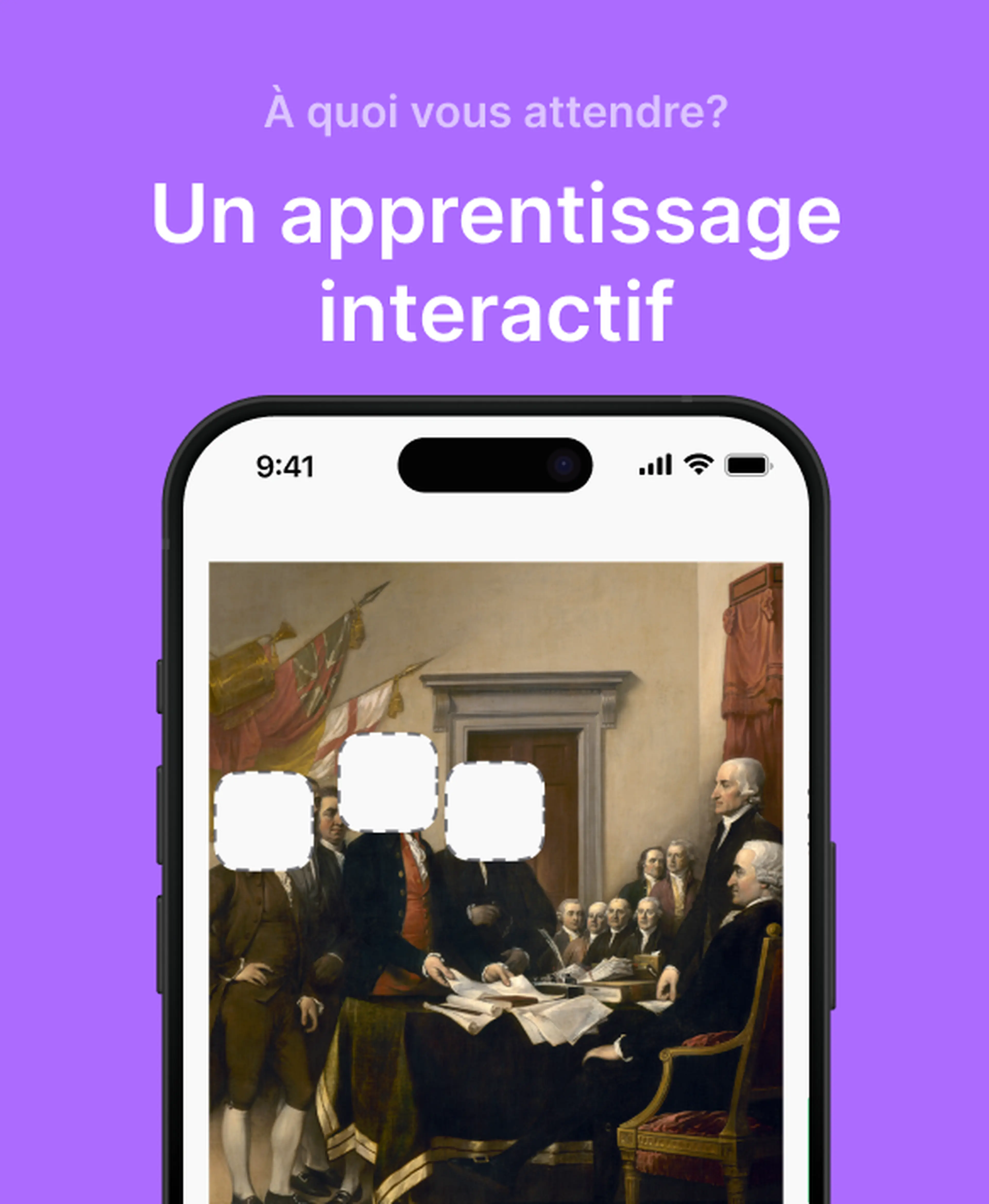 Smartphone affichant un apprentissage interactif avec le tableau de la Déclaration d'indépendance américaine de John Trumbull, sur fond violet
