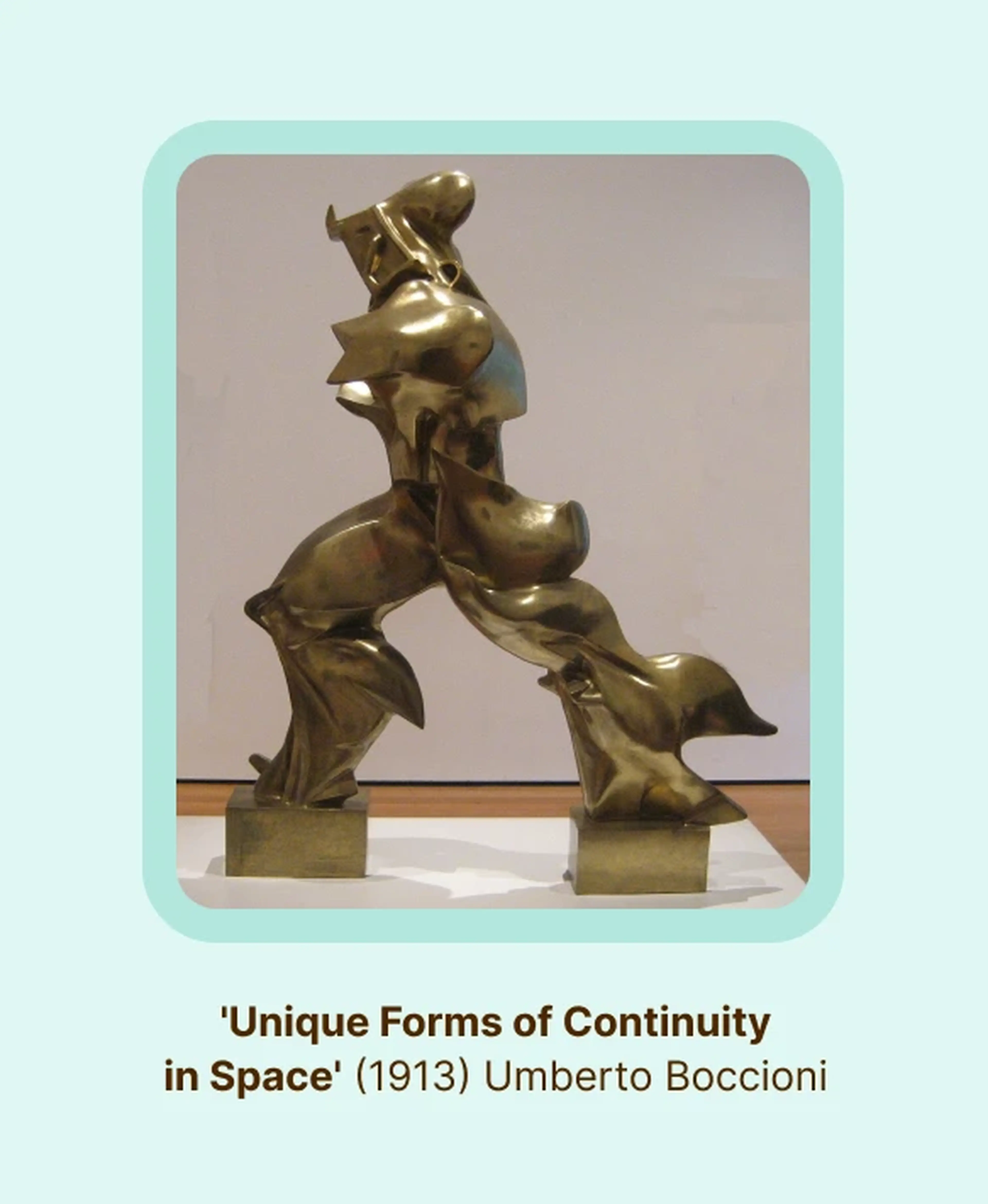Unique Forms of Continuity in Space by Umberto Boccioni, a famous Futurist sculpture, showing a dynamic bronze figure in motion with flame-like flowing forms