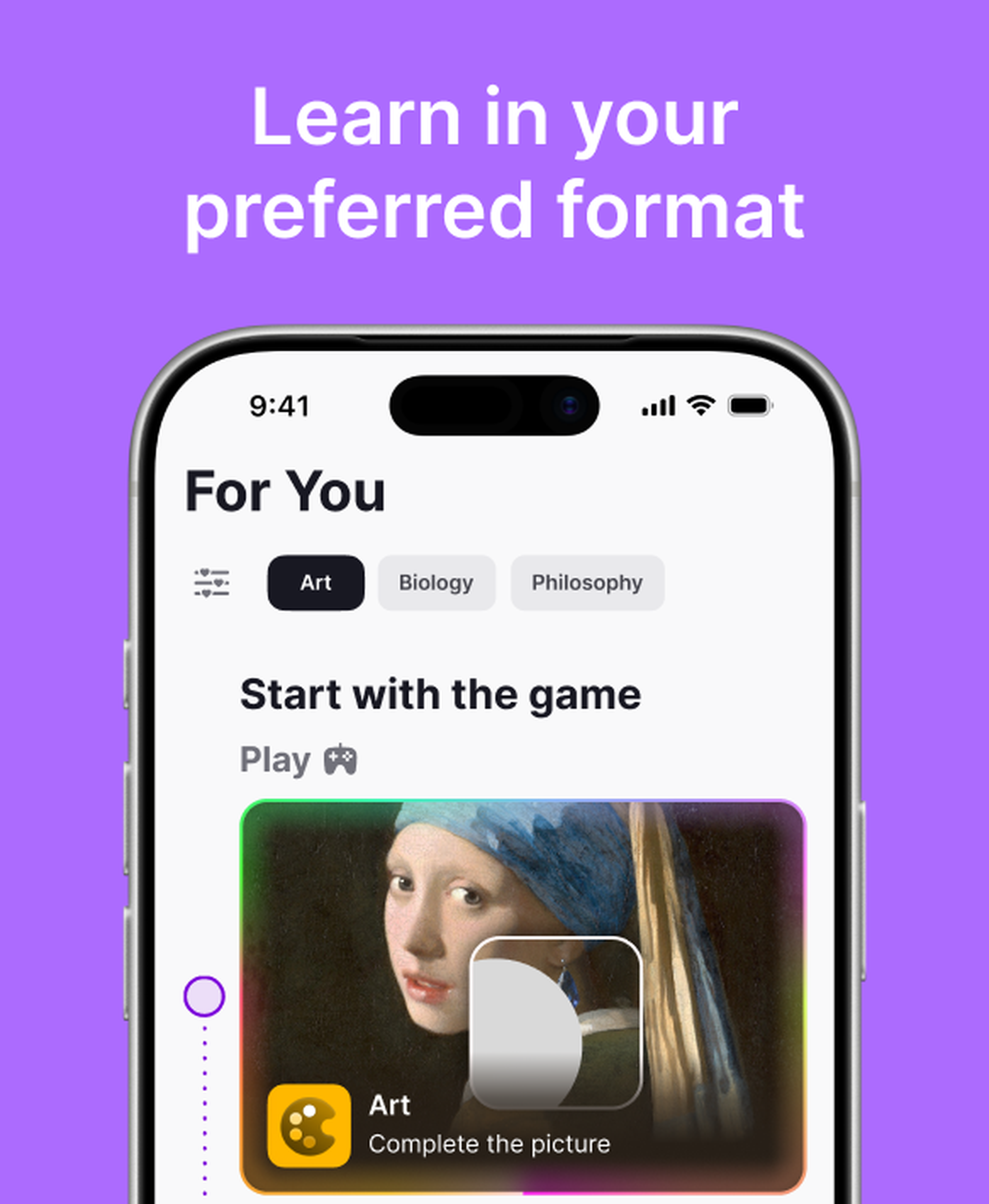 Nibble app For You screen on an iPhone against a purple background, showing Art, Biology and Philosophy topic filters and a complete-the-picture game featuring Vermeer's Girl with a Pearl Earring