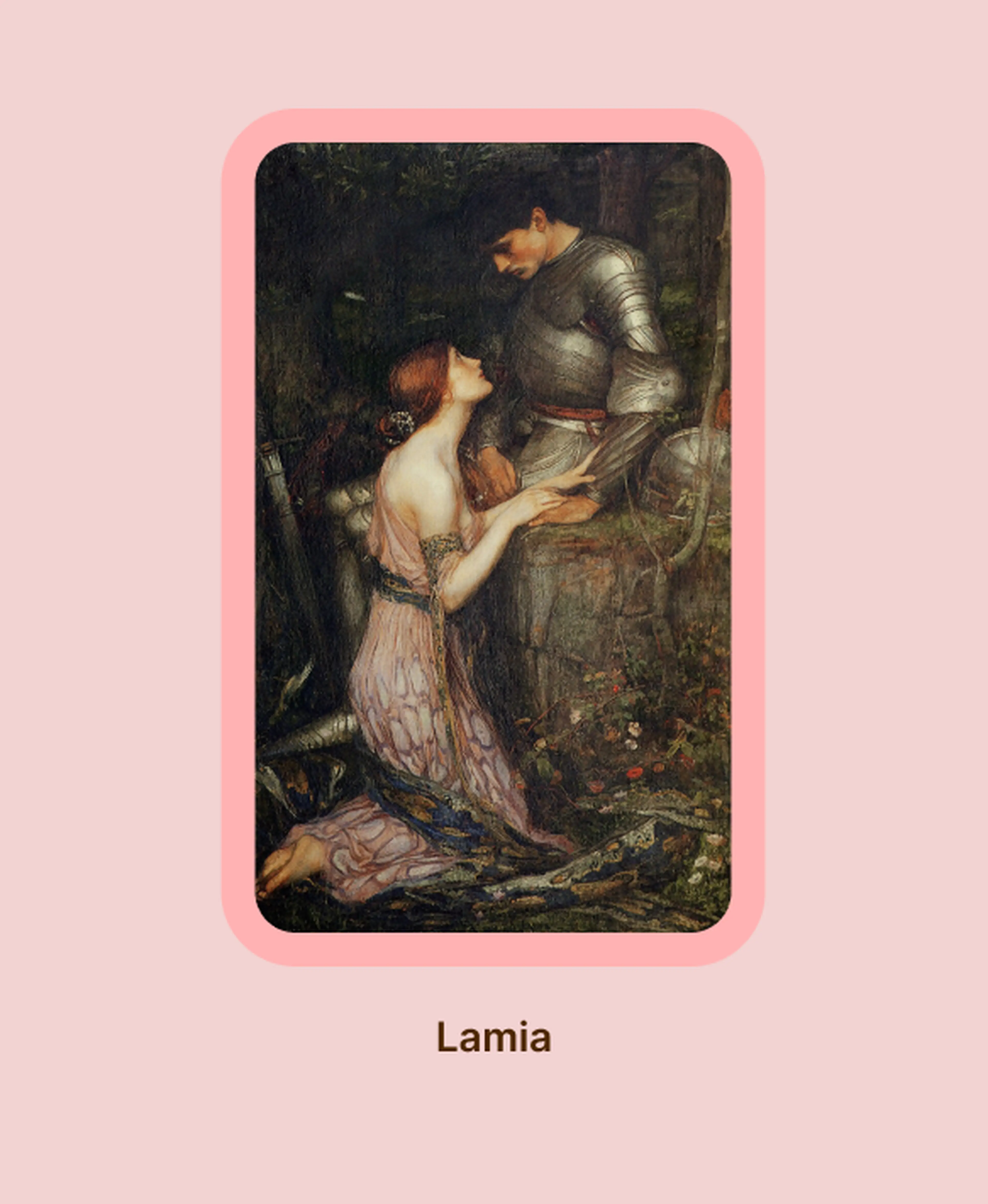Waterhouse painting Lamia showing a kneeling red-haired woman gazing up at an armored knight in a forest, evoking themes tied to nemesis in Greek mythology