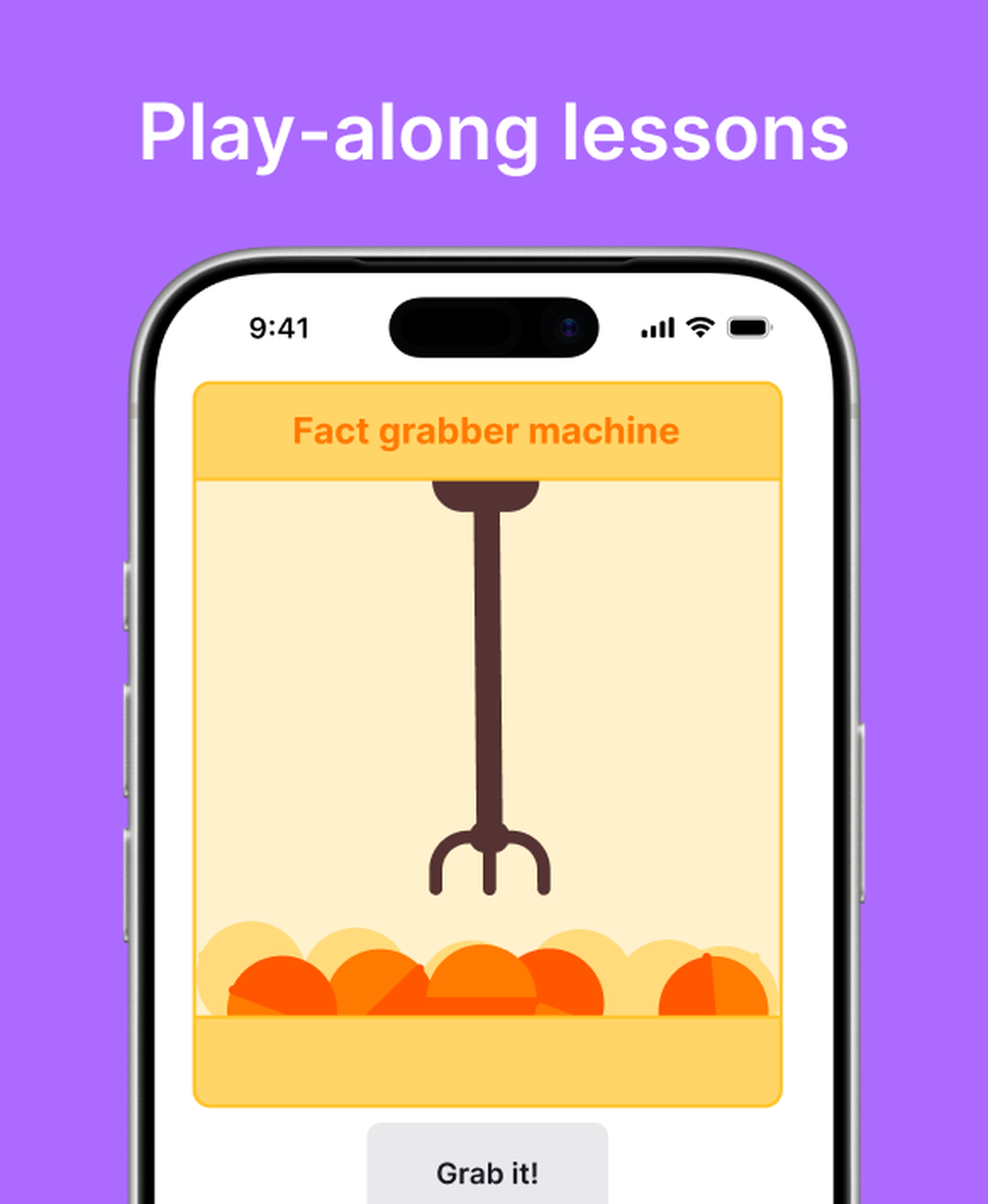 Smartphone showing the Nibble app's play-along lesson with an interactive _Fact grabber machine_ claw game over orange prize bubbles and a _Grab it!_ button, on a lilac background