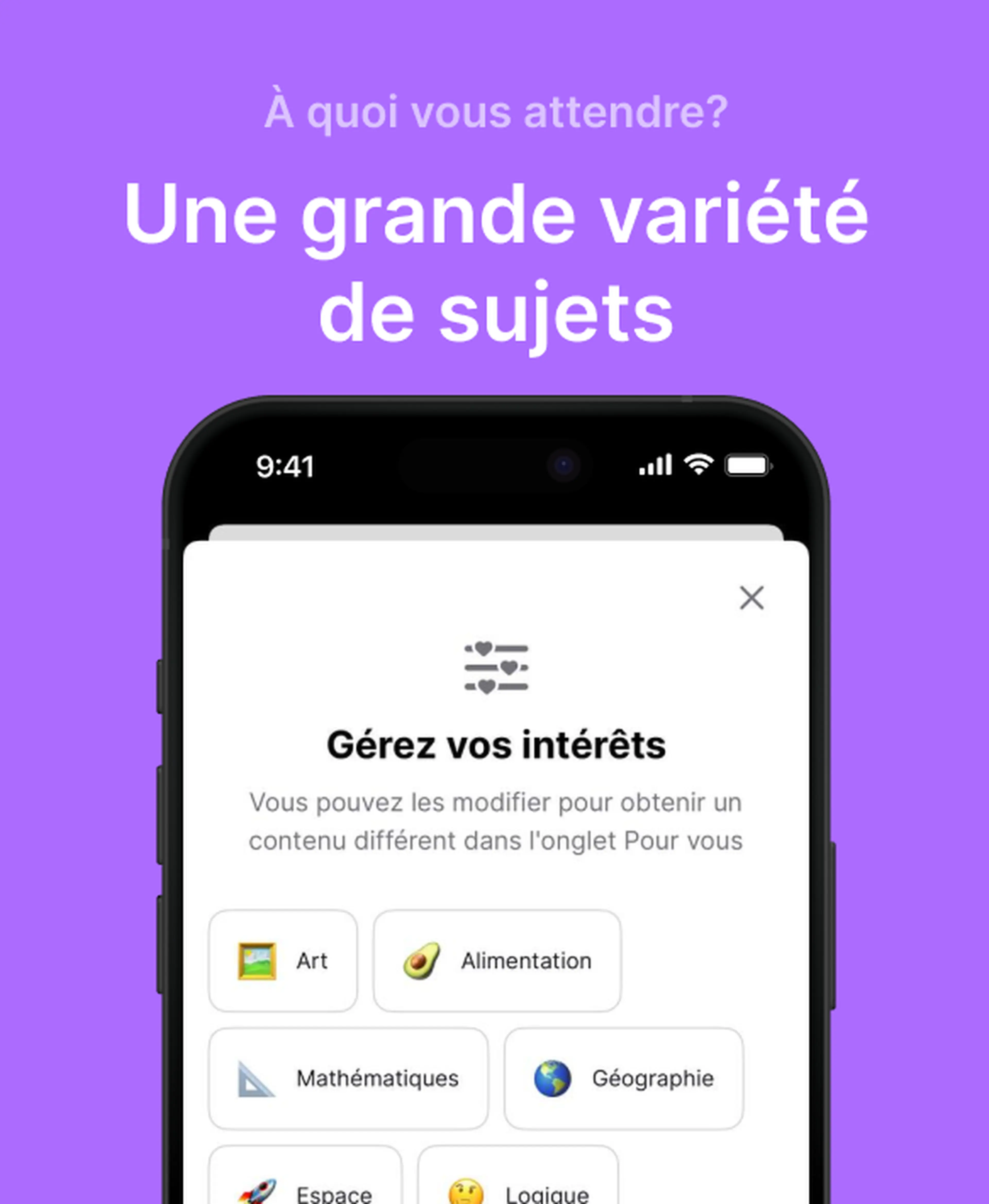 Écran de l'application Nibble sur smartphone montrant la gestion des centres d'intérêt avec une grande variété de sujets comme Art, Alimentation, Mathématiques et Géographie sur fond violet