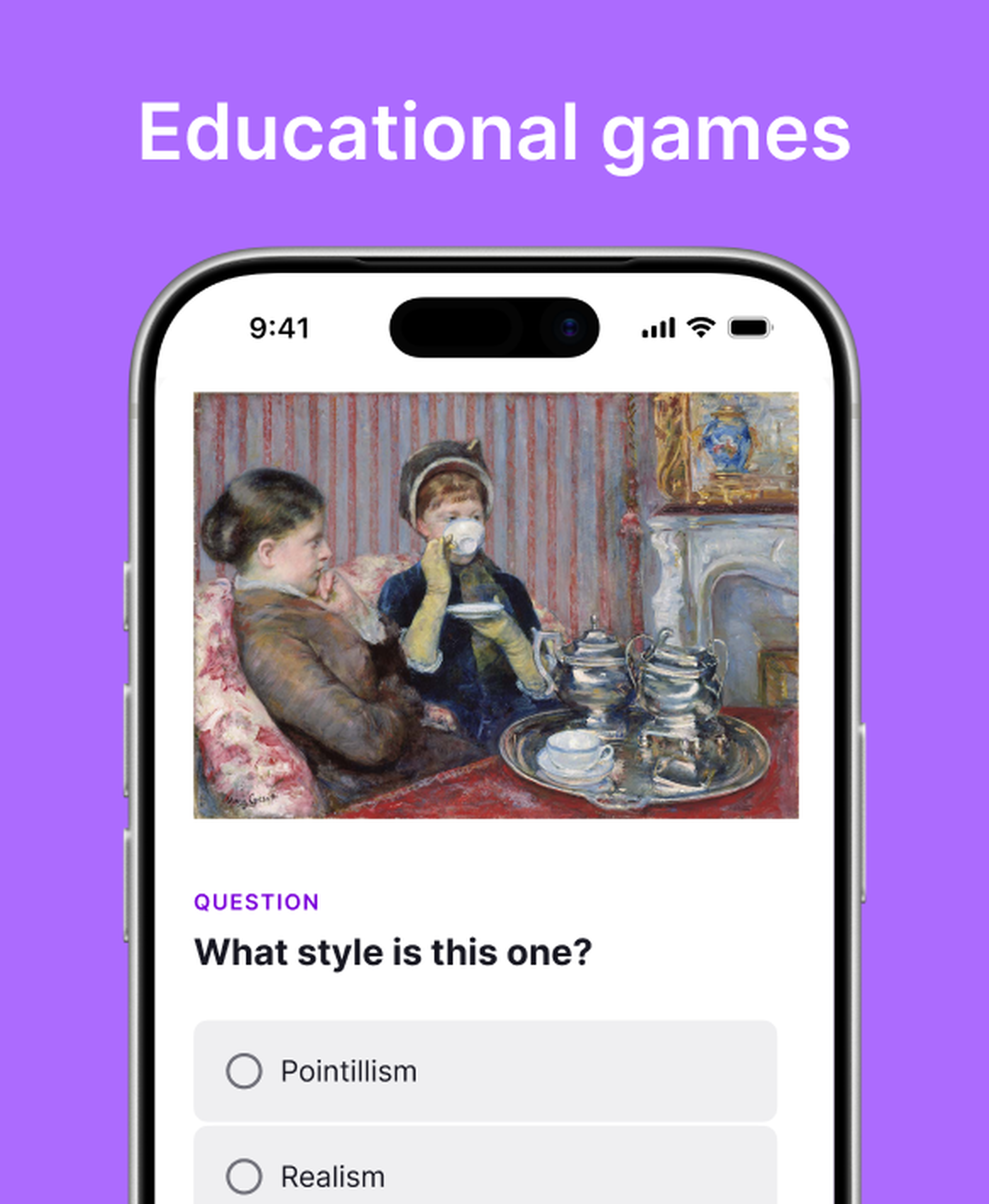 Nibble app quiz game on an iPhone under an Educational games heading, showing Mary Cassatt's painting The Tea with the question What style is this one and Pointillism and Realism options, on a purple background