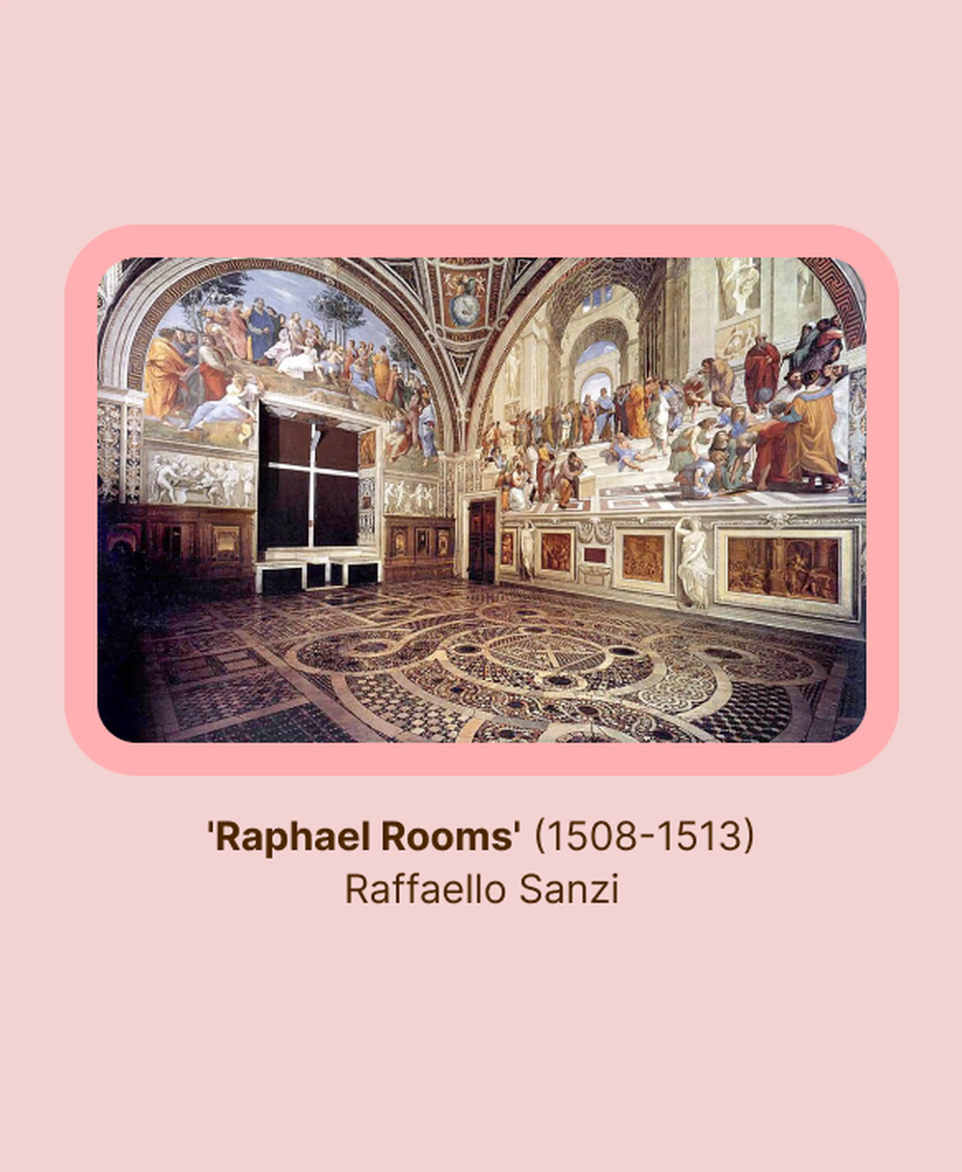 Interior of the Raphael Rooms in the Vatican with elaborate frescoes and patterned marble floors, a 1508-1513 Renaissance masterpiece by painter Raffaello Sanzio