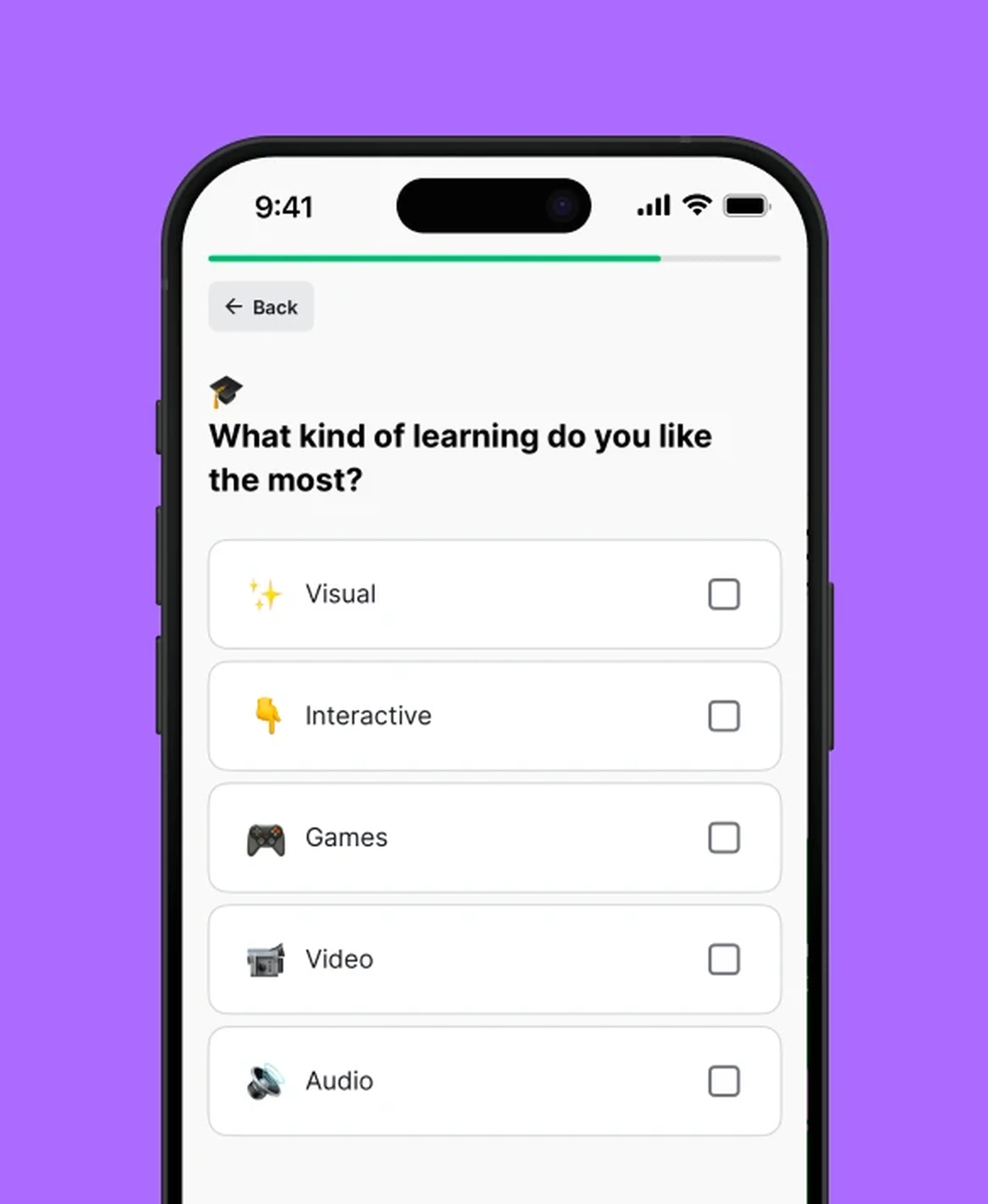 Nibble app onboarding screen asking what kind of learning you enjoy most, with checkbox options for visual, interactive, games, video, and audio