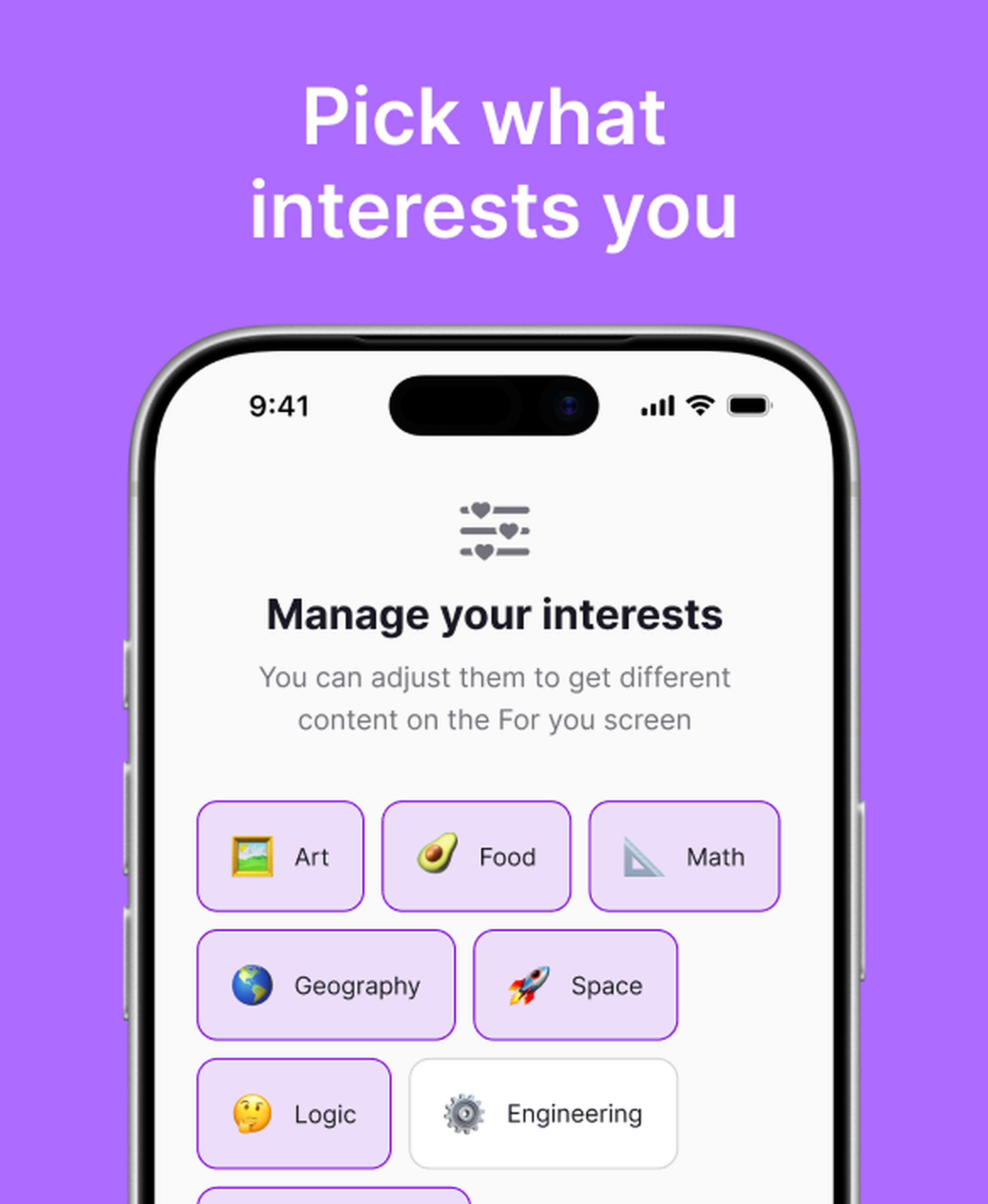 Nibble app screenshot on an iPhone against a purple background, showing the Manage your interests screen with selectable topic chips like Art, Food, Math, Geography, Space, Logic and Engineering