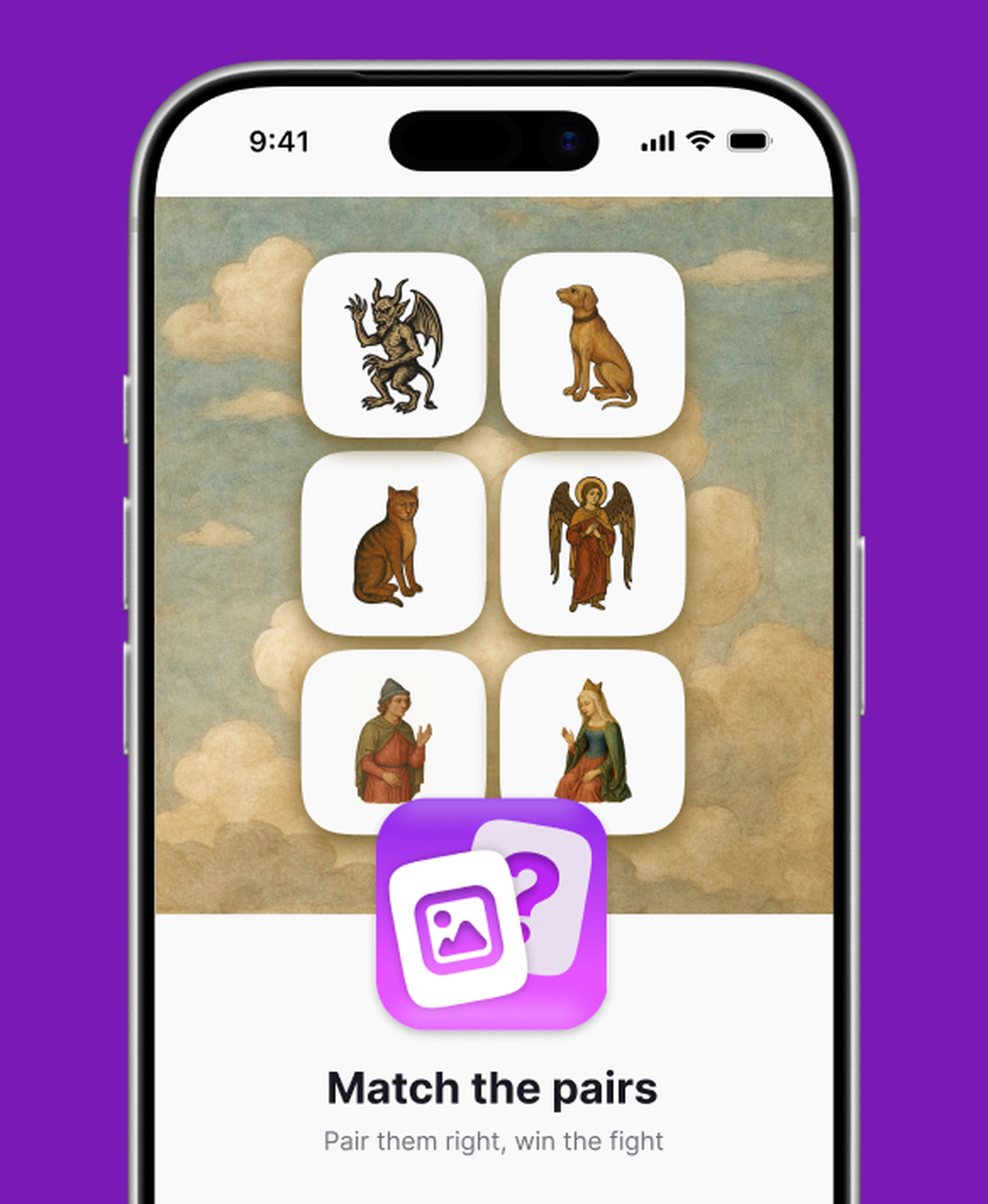 Nibble app Match the pairs game intro on an iPhone, showing a grid of medieval illustration cards with a demon, dog, cat, angel and saints over a cloudy sky above a pink cards icon and the tagline Pair them right, win the fight, on a purple backgro