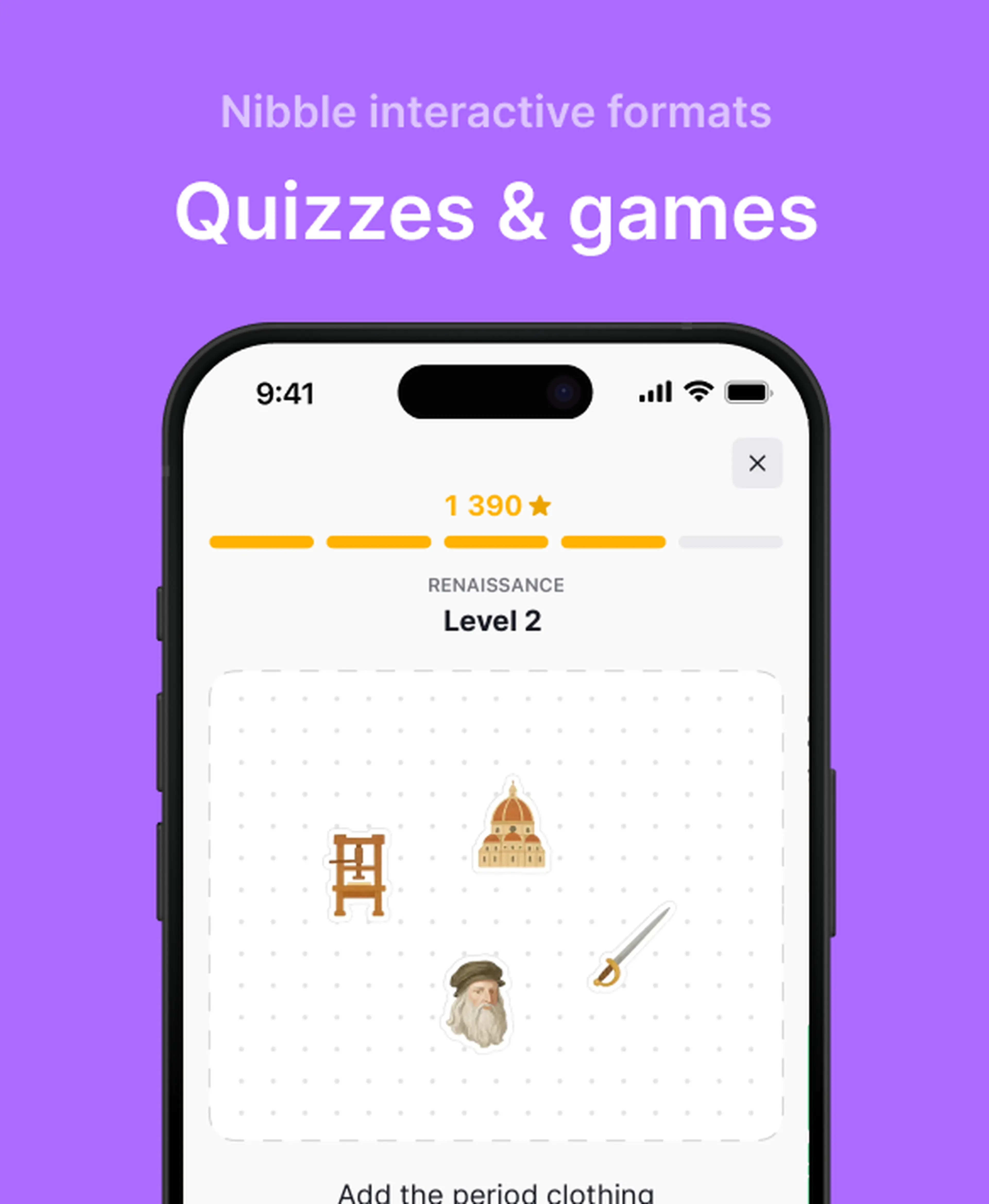 Smartphone showing Nibble app quizzes and games with a Renaissance Level 2 challenge featuring illustrated icons among Nibble learning topics on a purple background