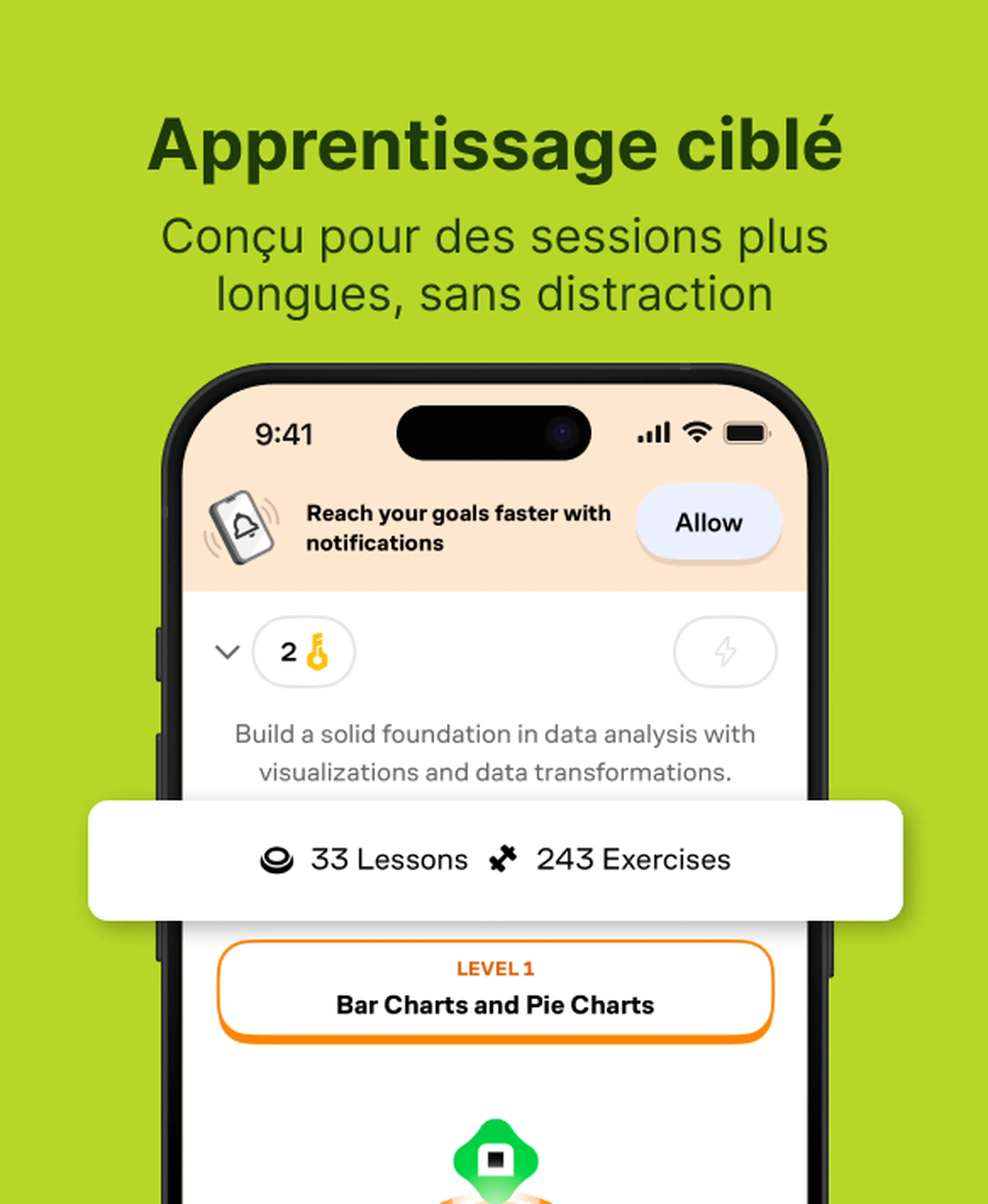 Comparatif Nibble vs Brilliant montrant un apprentissage ciblé sur smartphone avec un cours de data analysis proposant 33 leçons, 243 exercices et un niveau 1 sur les graphiques