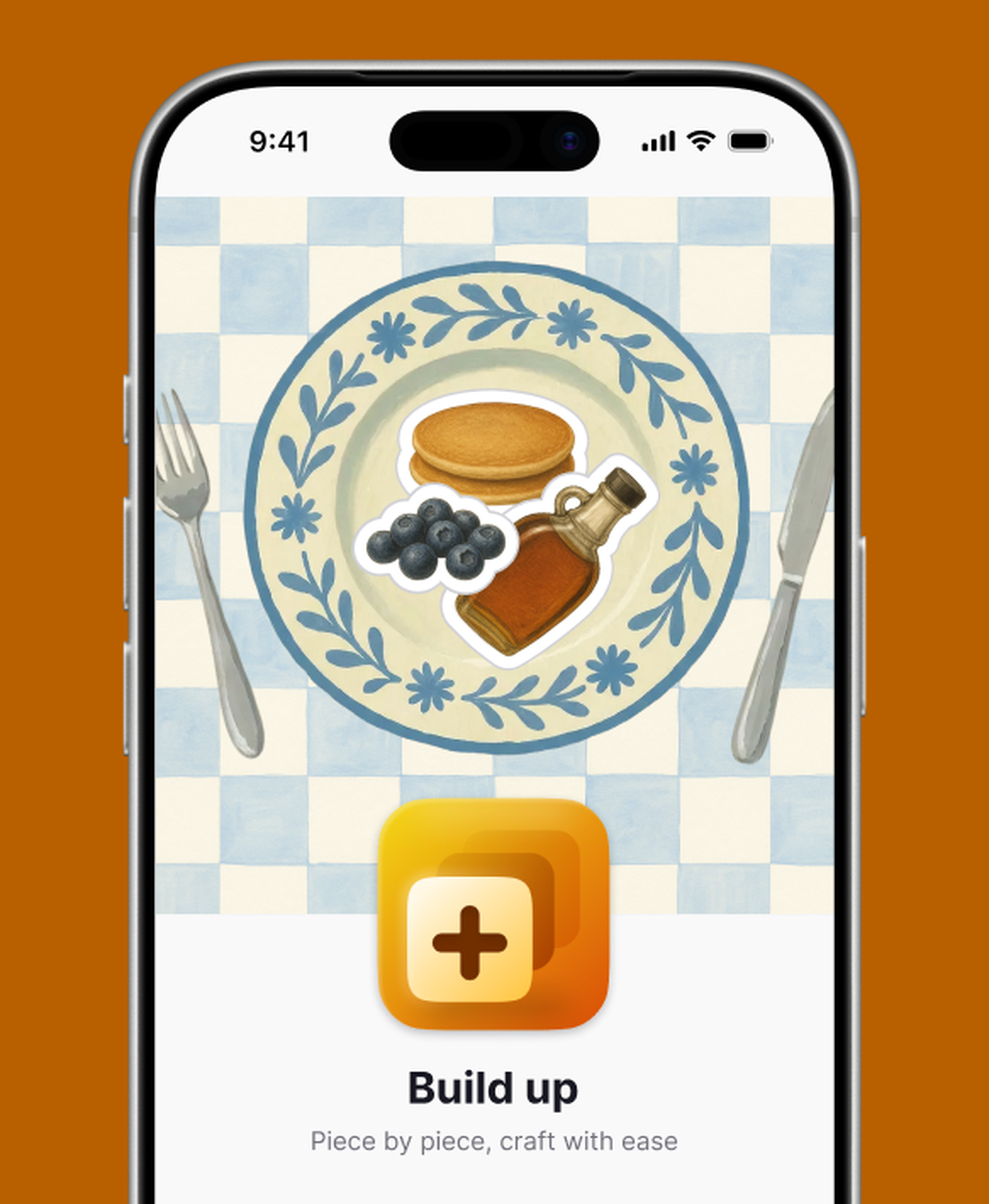 Nibble app Build up game intro on an iPhone, showing a decorated plate with pancakes, blueberries and maple syrup on a checkered tablecloth above an orange plus icon and the tagline Piece by piece, craft with ease, on a dark orange background