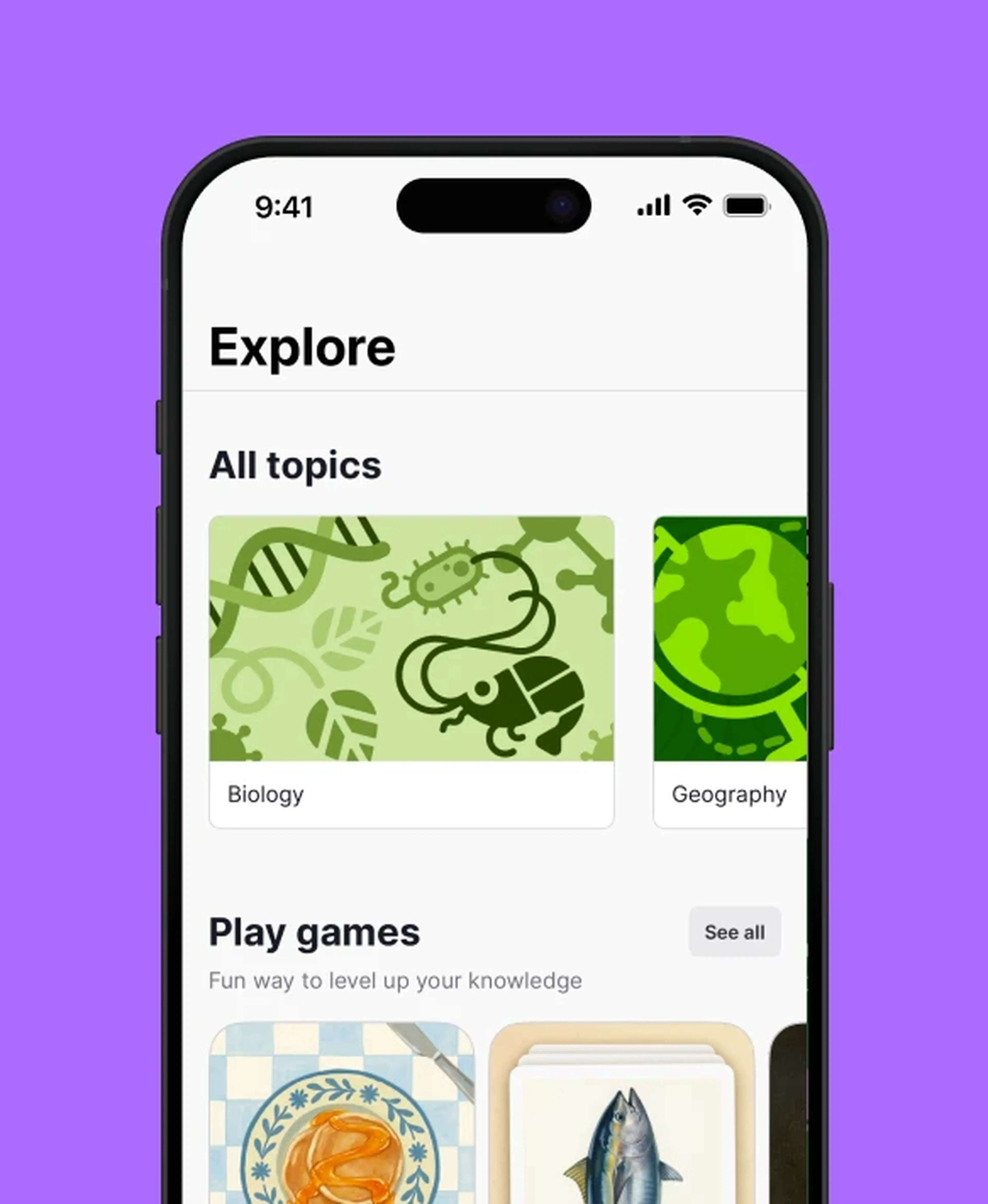 Nibble app Explore screen with an all topics grid showing illustrated biology and geography icons plus a play games section below
