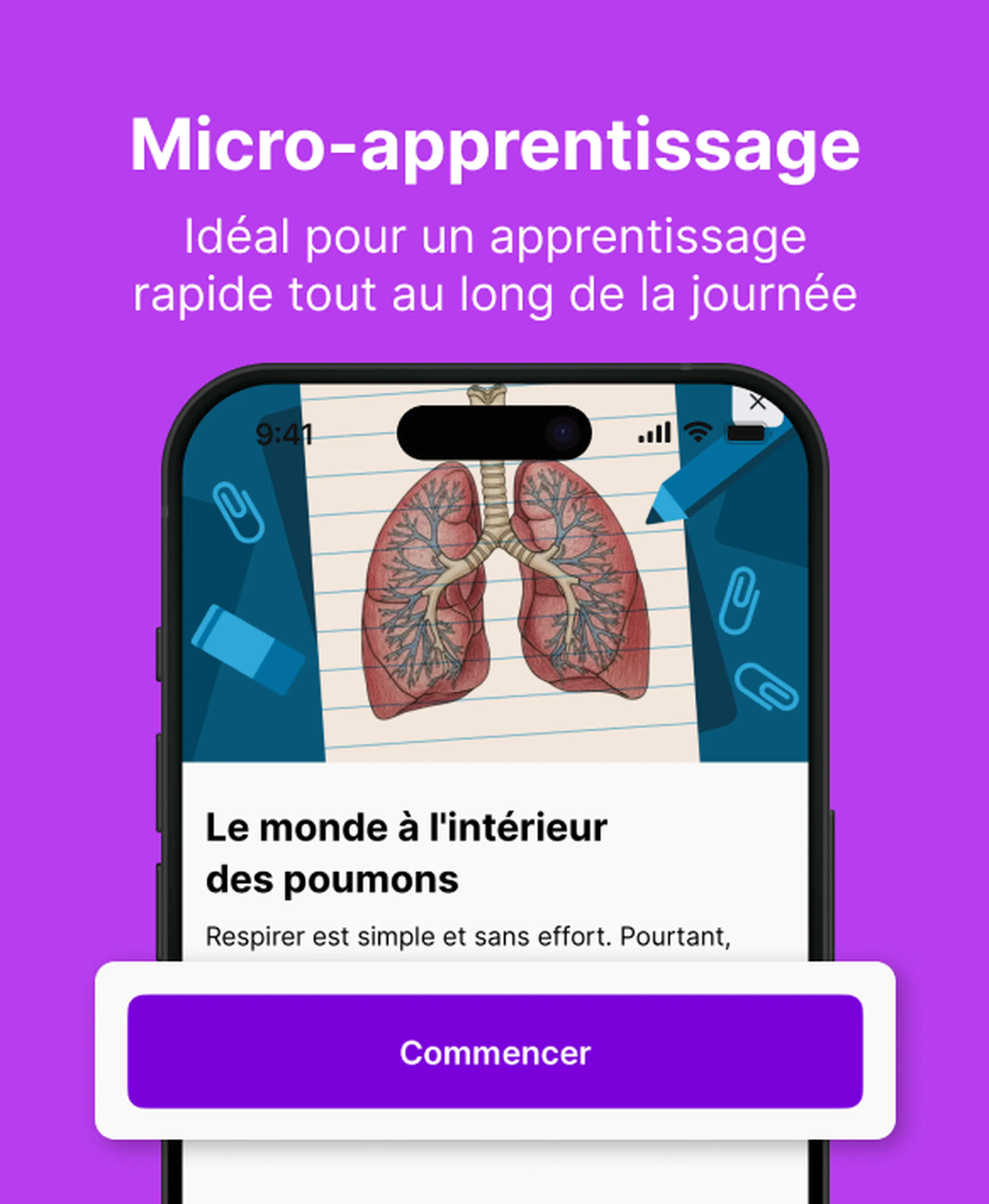 Application de micro-apprentissage sur smartphone montrant une leçon illustrée sur les poumons, comparaison Nibble vs Brilliant pour un apprentissage rapide au quotidien