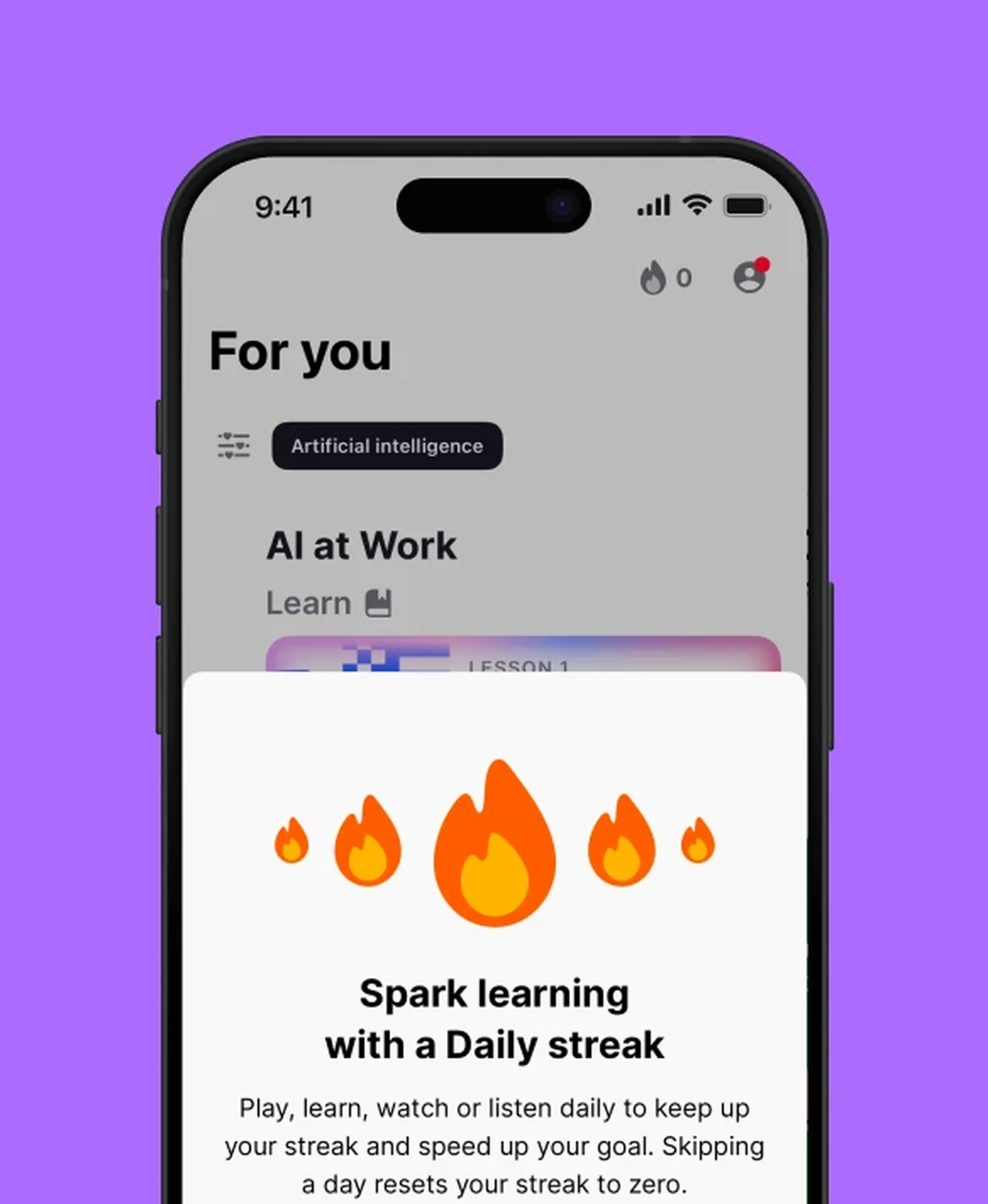 Nibble app For You screen displaying an AI at Work lesson banner and a row of flame icons marking a daily learning streak