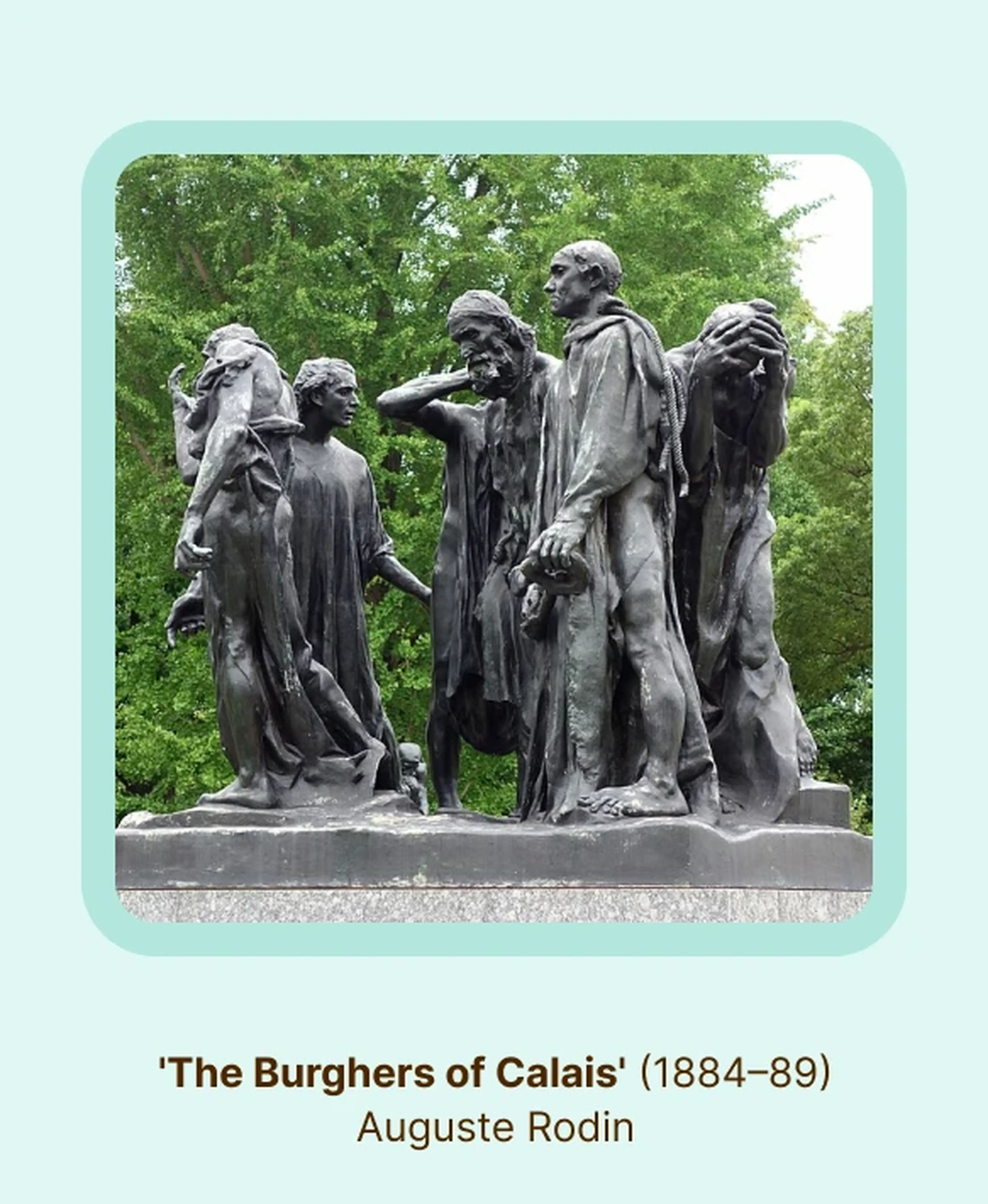 The Burghers of Calais by Auguste Rodin, one of his famous sculptures, depicting a somber group of bronze figures in flowing robes standing together outdoors