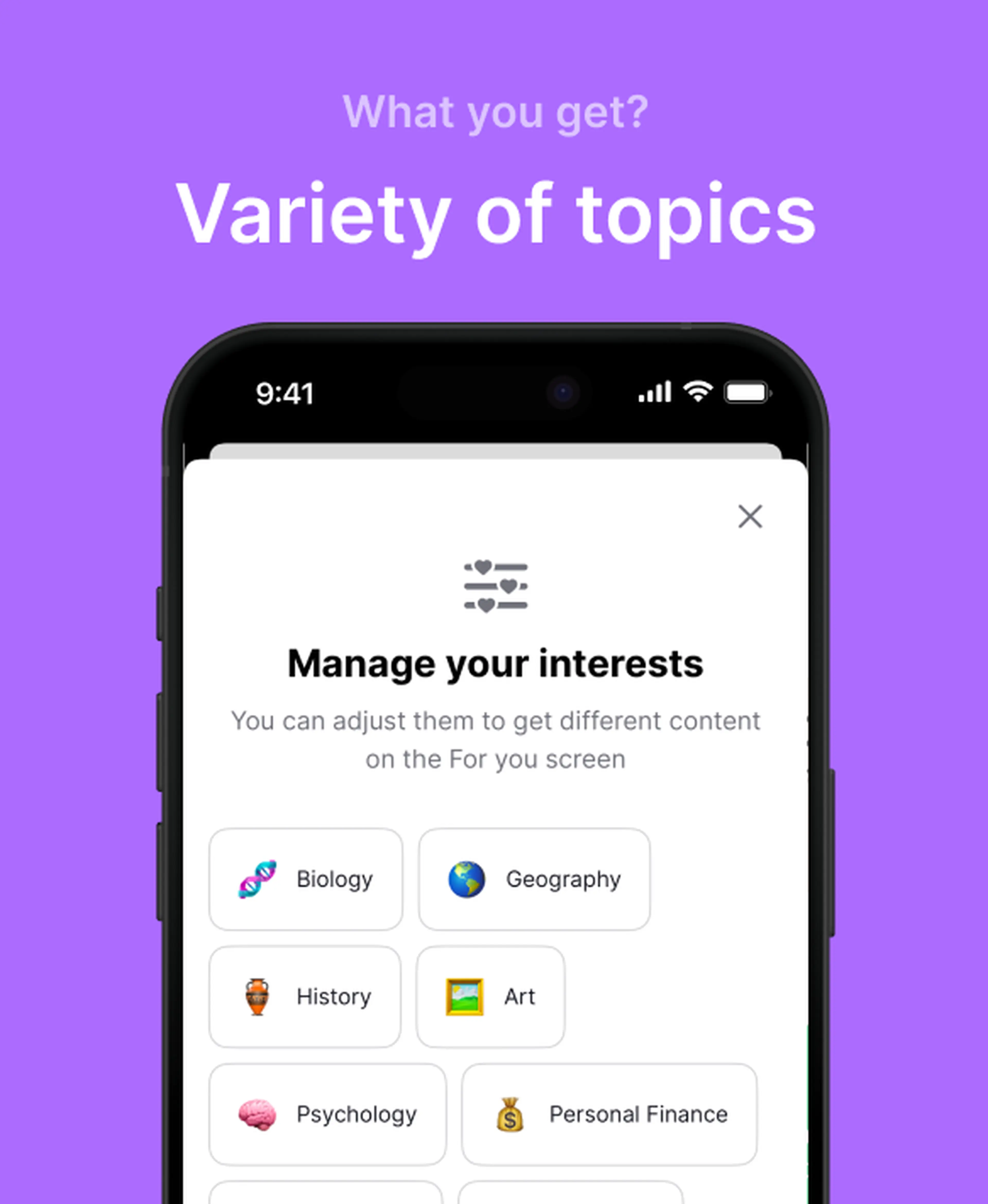Nibble app Manage your interests screen on a purple background showing selectable topics like Biology, Geography, History, Art, Psychology, and Personal Finance for a personalized For you feed