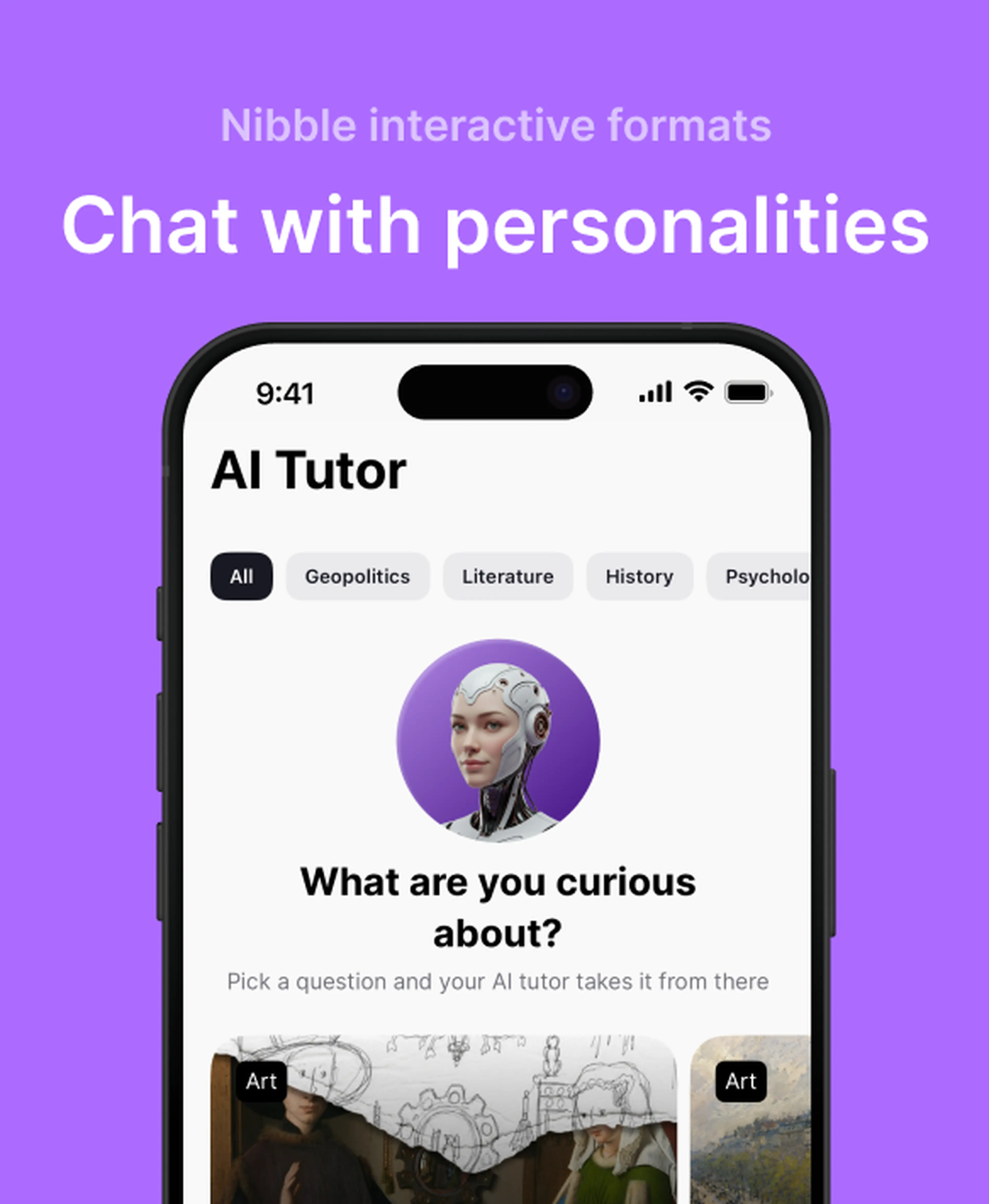 Smartphone showing the Nibble app AI Tutor screen with category filters and a robotic avatar, highlighting Nibble learning topics for chatting with historical personalities
