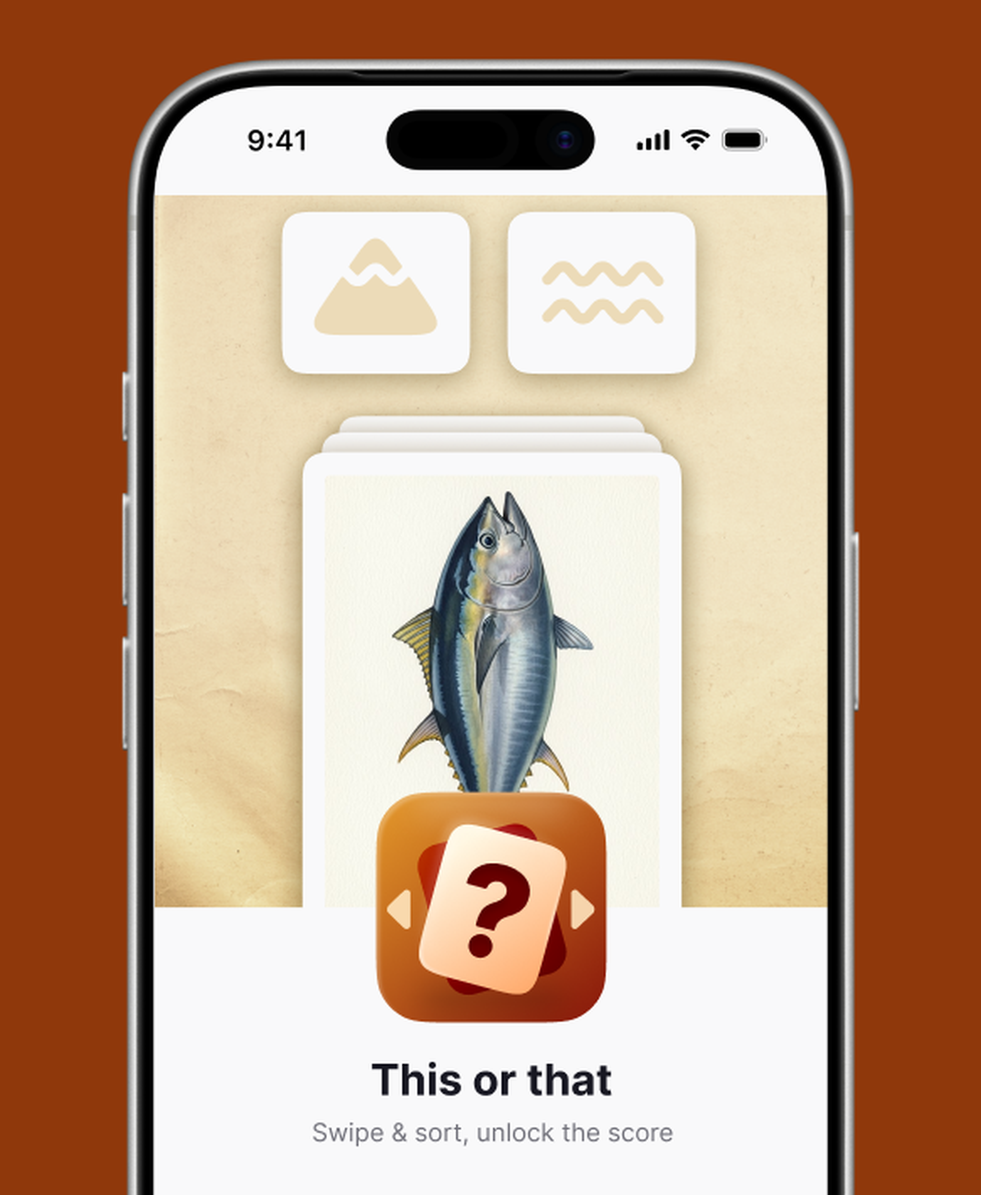 Nibble app This or that game intro on an iPhone, showing a tuna card to sort between mountain and water categories above an orange question card icon and the tagline Swipe & sort, unlock the score, on a rust brown background