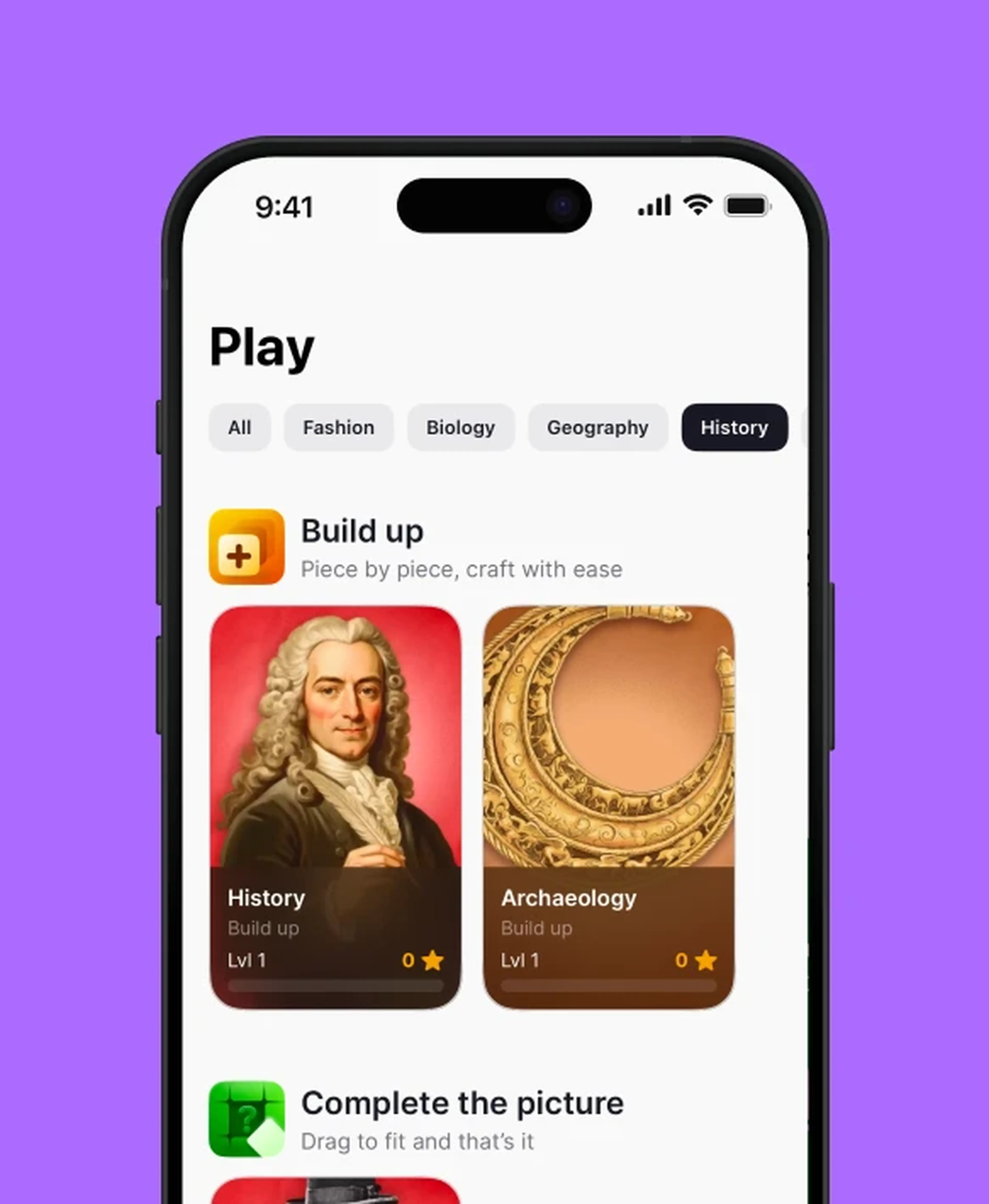 Nibble app Play screen featuring the Build Up puzzle game with a historical portrait and ancient coins alongside a Complete the Picture matching game