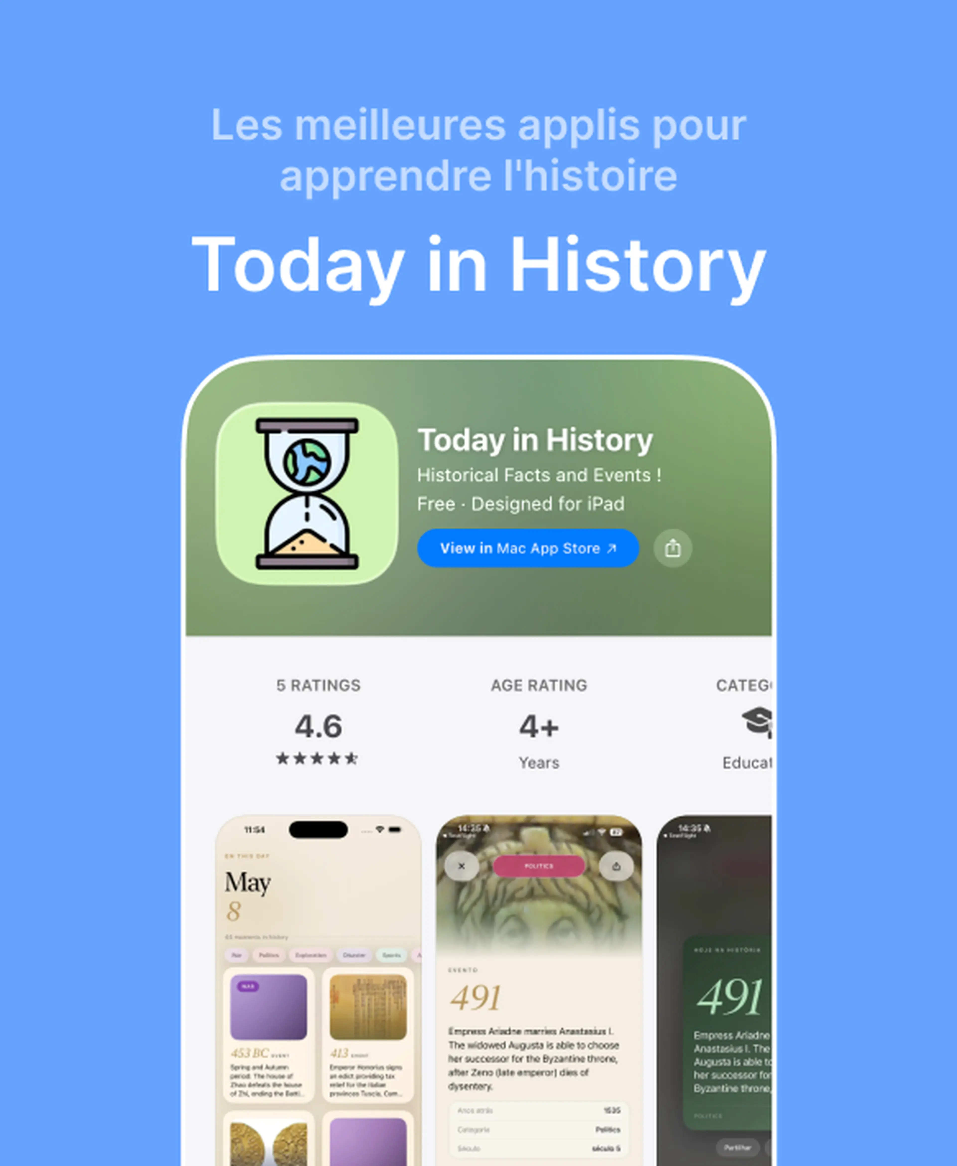 Page Mac App Store de Today in History, l'une des meilleures applis pour apprendre l'histoire, notée 4,6 étoiles avec des captures d'écran affichant des faits et événements historiques