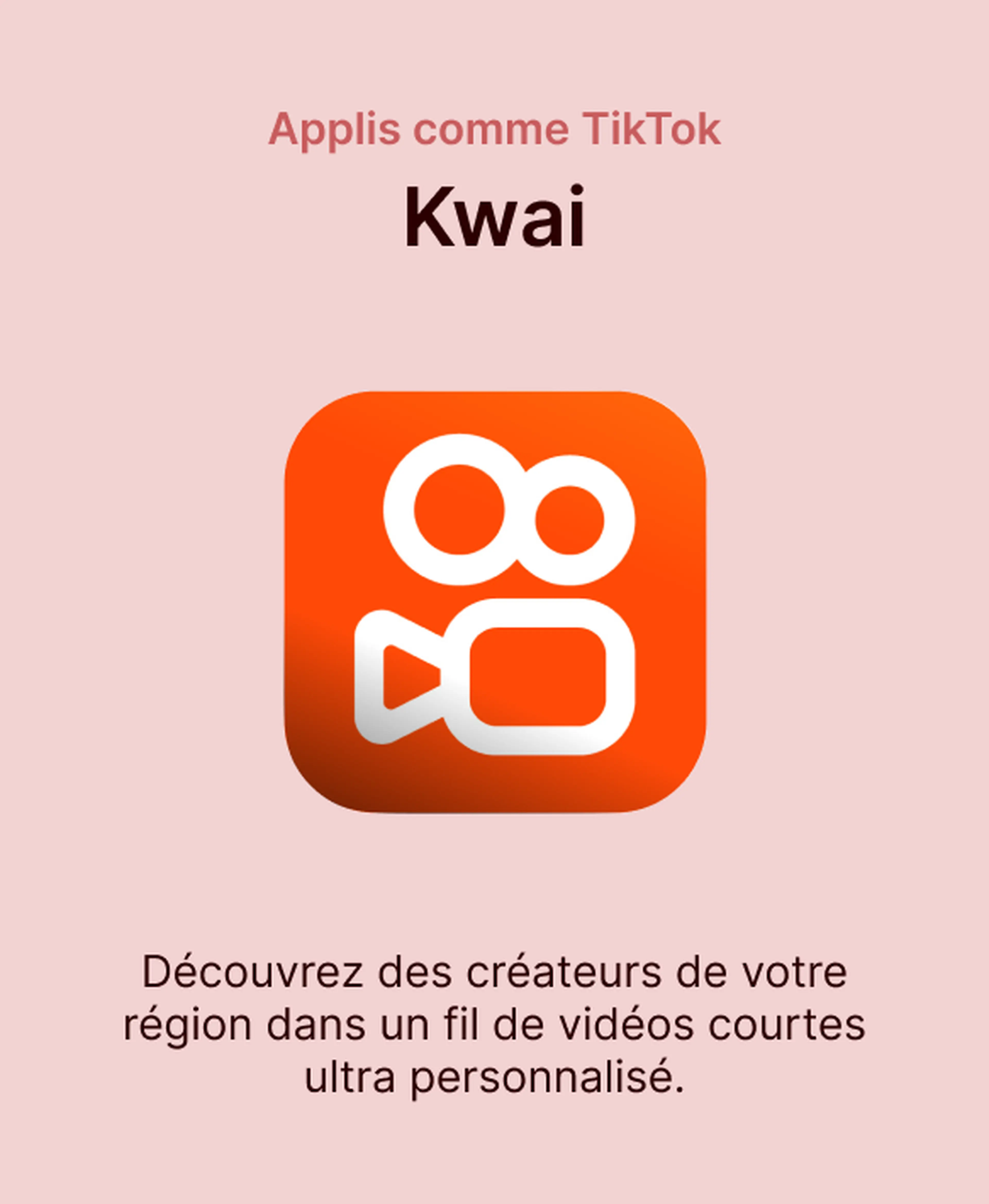 Icône de l'application Kwai, une appli comme TikTok, sur fond rose pour découvrir des créateurs locaux dans un fil de vidéos courtes personnalisé