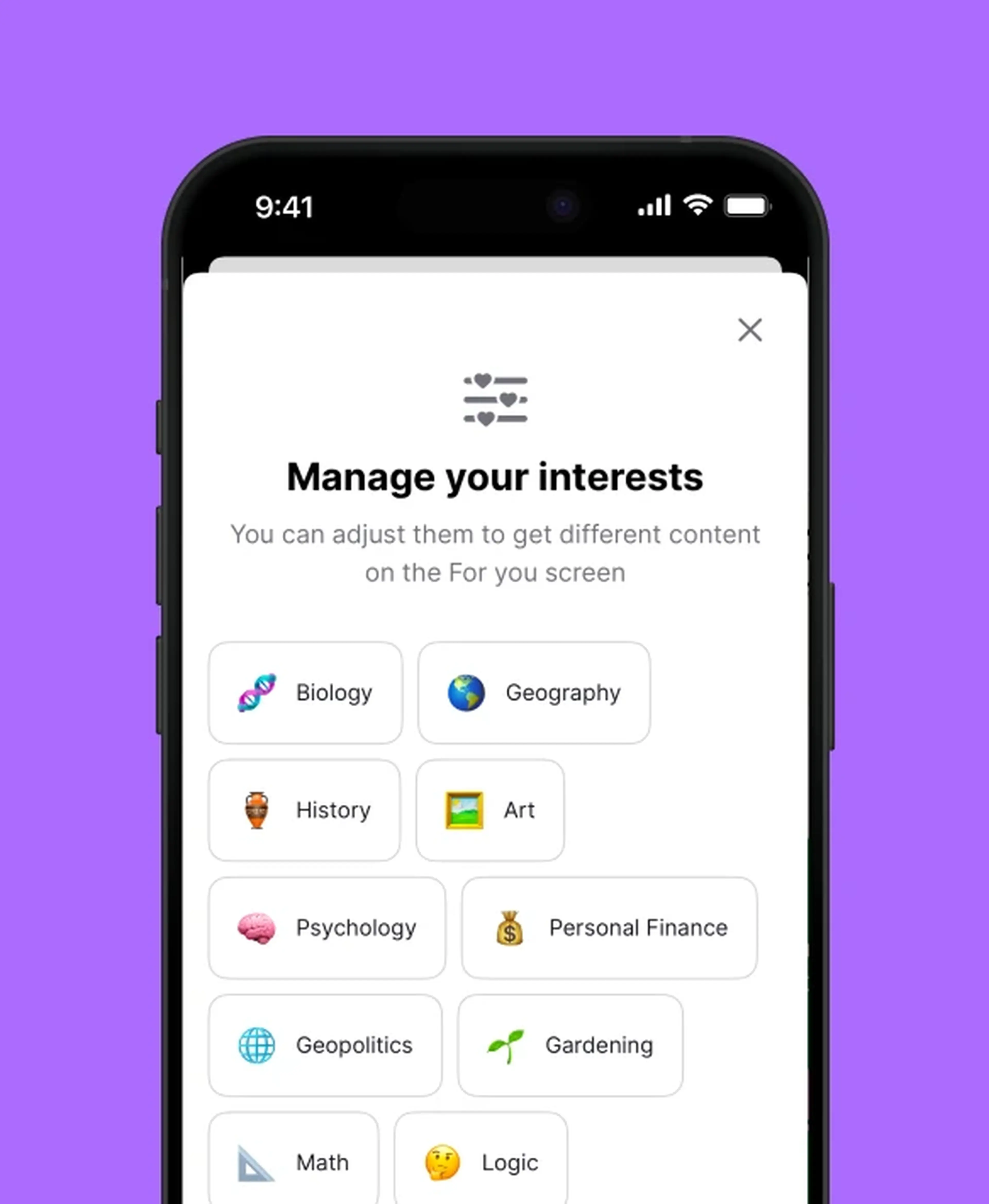 Nibble app interests settings screen with topic icons for biology, geography, history, art, psychology, and personal finance to personalize lessons