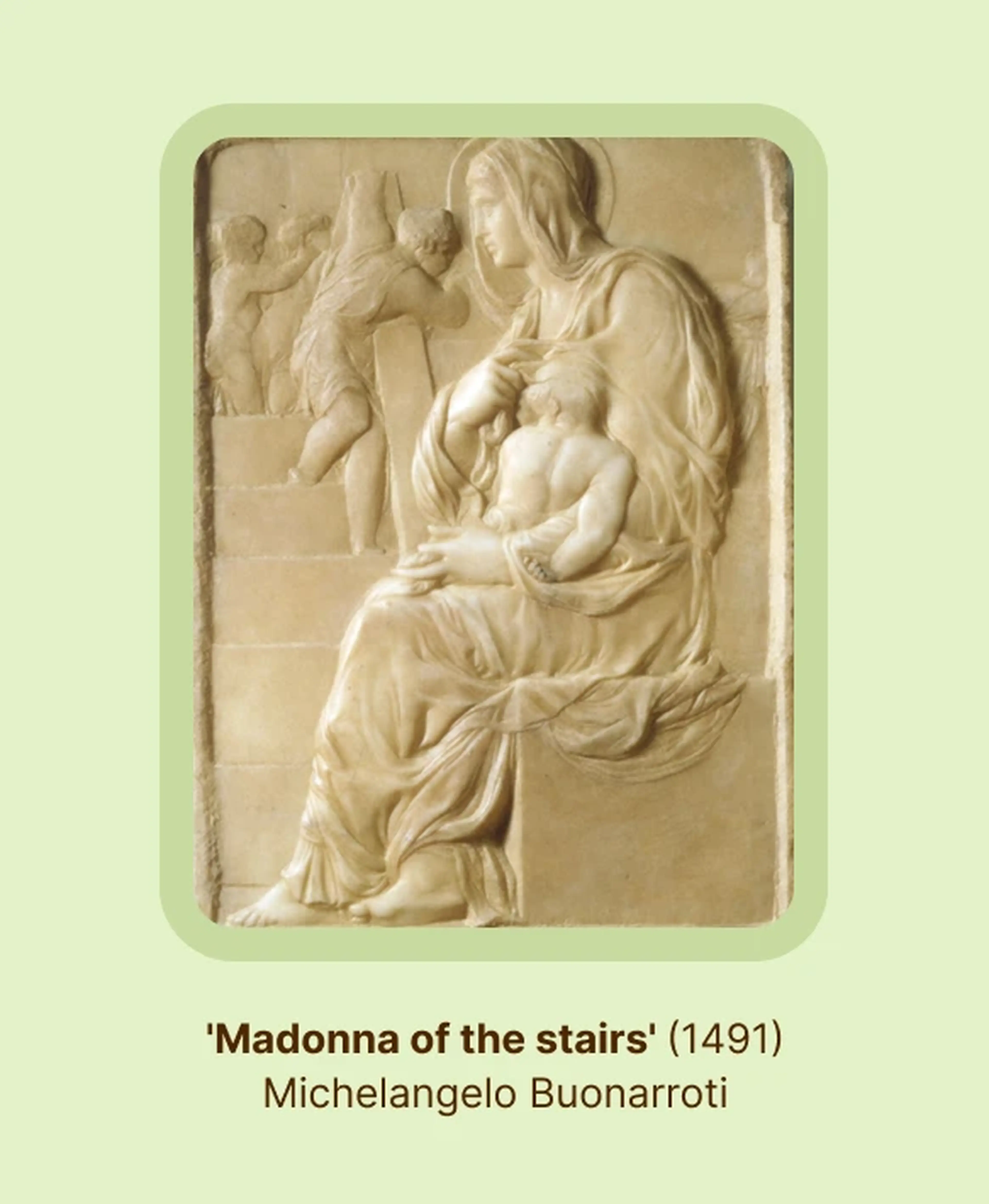Madonna of the Stairs marble relief, one of Michelangelo's famous works, showing the Virgin Mary seated with the Christ child in shallow stone carving with a soft beige tone