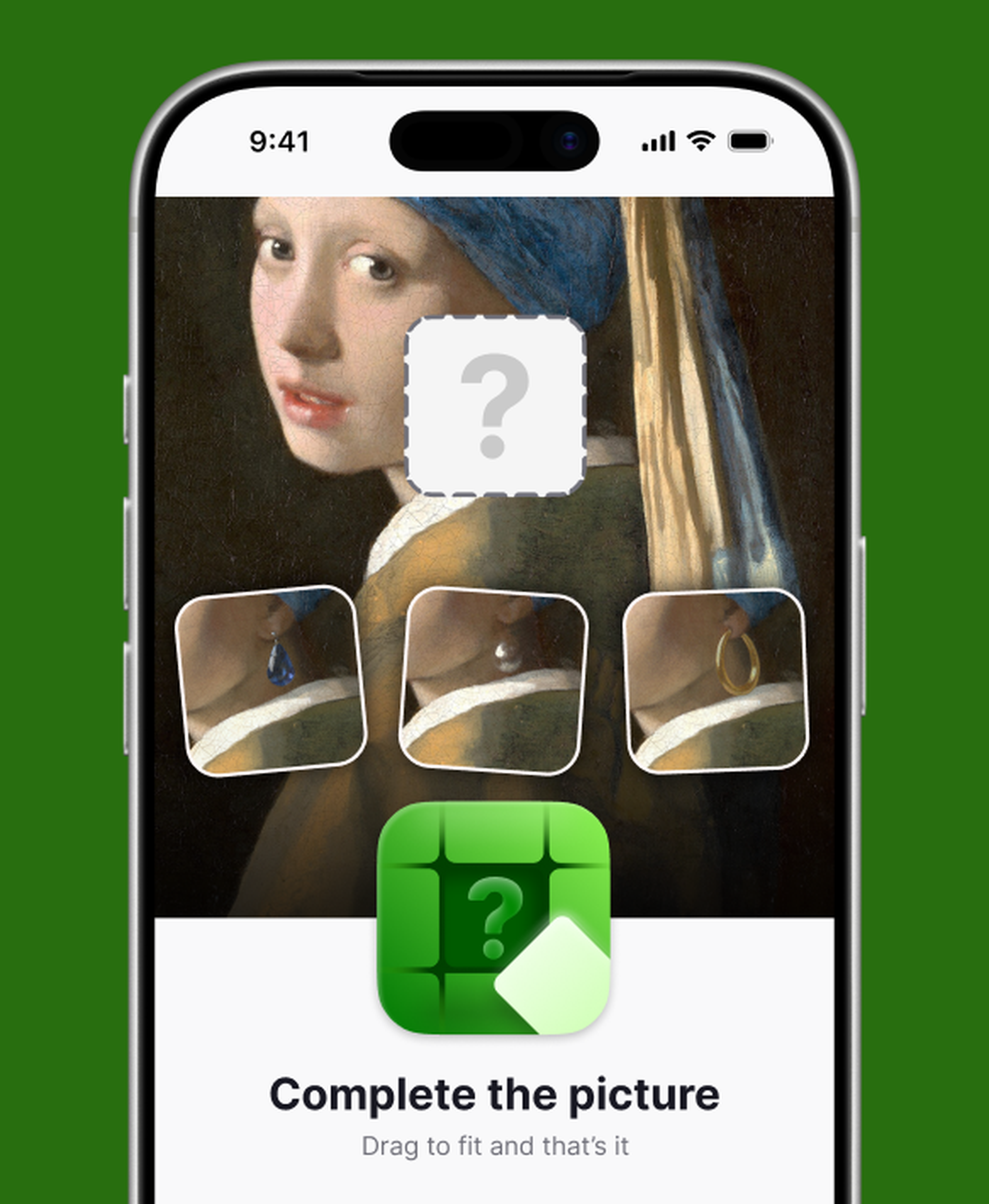 Nibble app Complete the picture game intro on an iPhone, showing Vermeer's Girl with a Pearl Earring with a missing piece and three puzzle tile options above a green puzzle icon and the tagline Drag to fit and that's it, on a dark green background