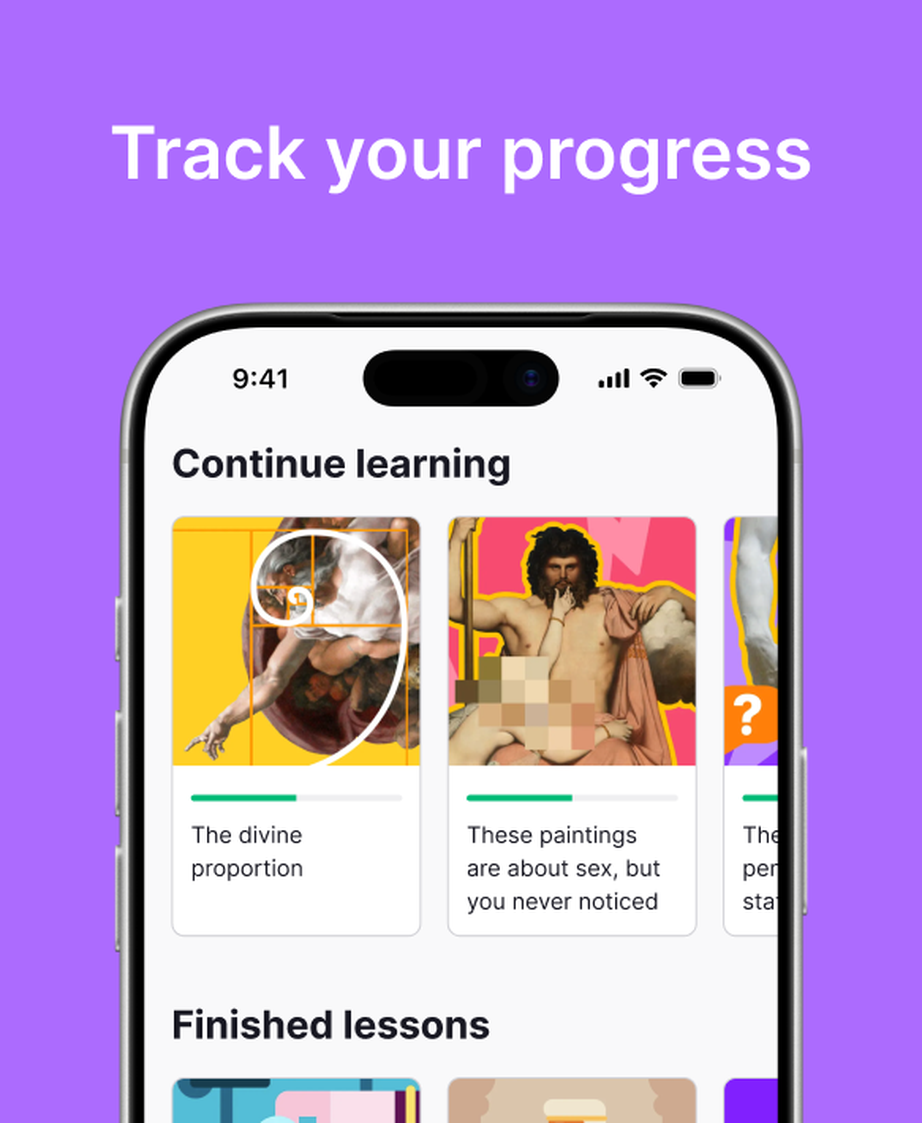 Smartphone showing the Nibble art learning app's _Continue learning_ screen with lesson cards on the divine proportion and classical paintings, progress bars and finished lessons below, on a purple background