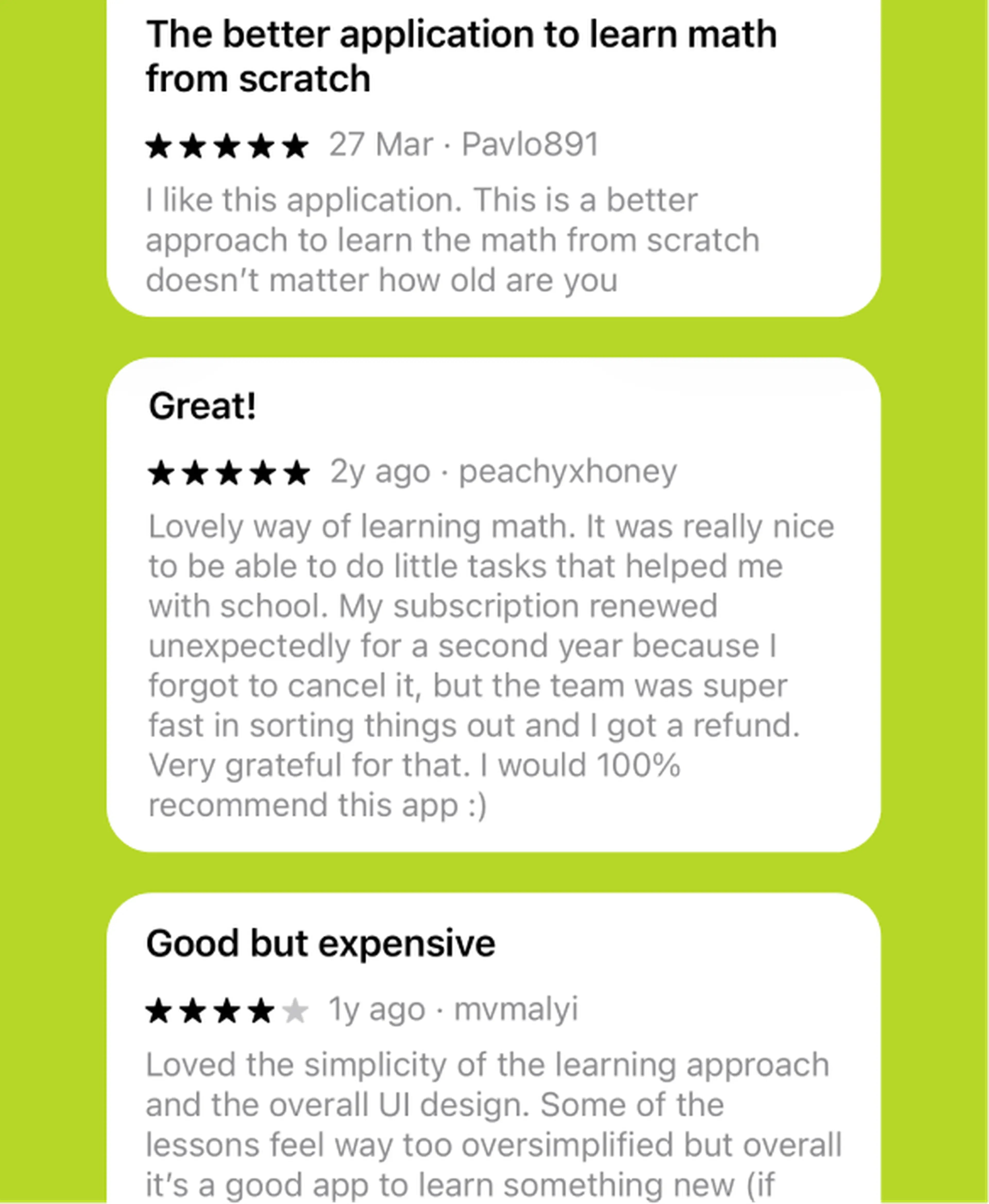 Avis d'utilisateurs comparant les applications pour apprendre les maths comme Nibble vs Brilliant, avec des notes en étoiles et commentaires sur fond vert