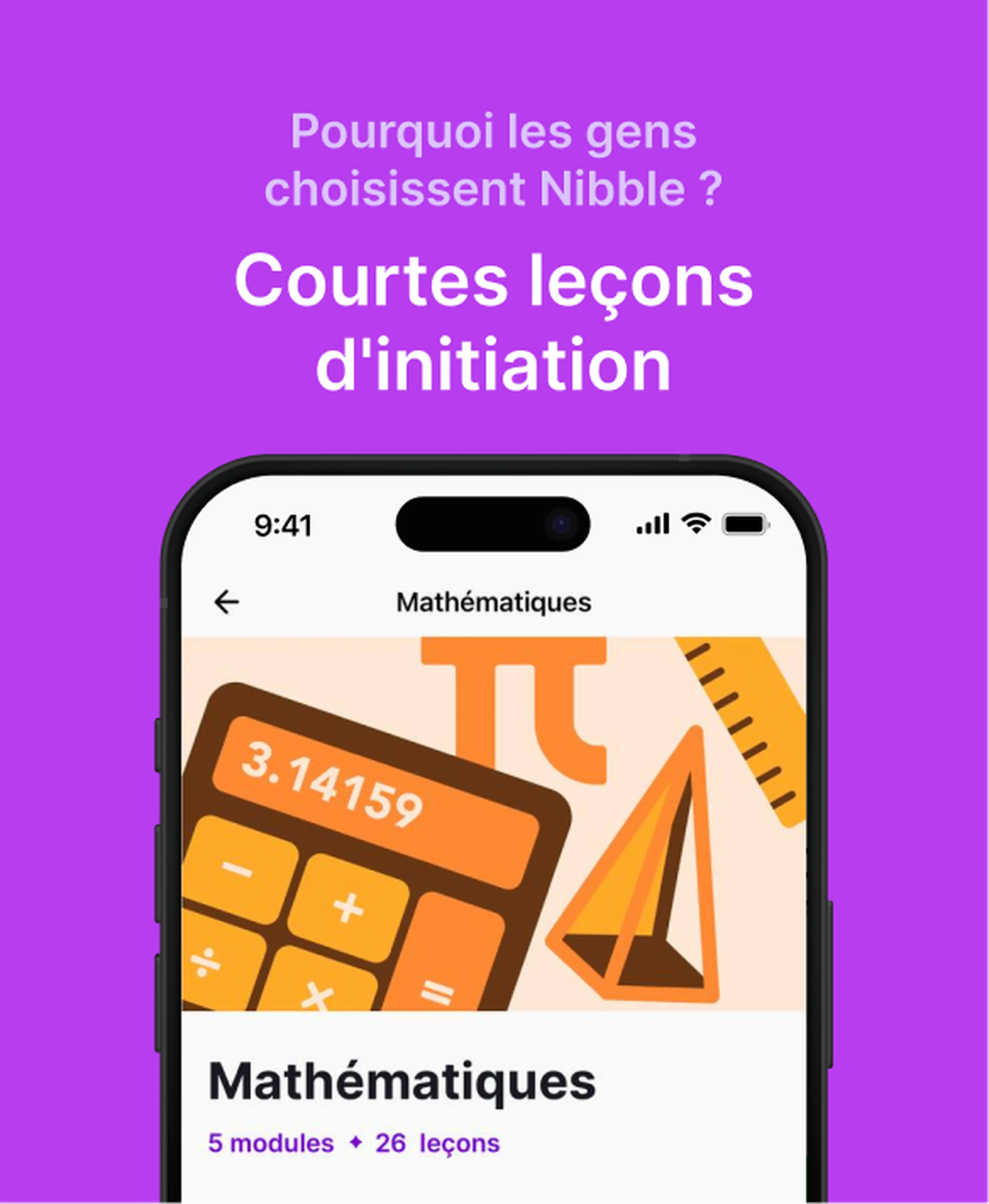 Smartphone affichant le cours de Mathématiques de l'application Nibble avec calculatrice et symbole pi, illustrant les courtes leçons d'initiation comparées dans Nibble vs Brilliant