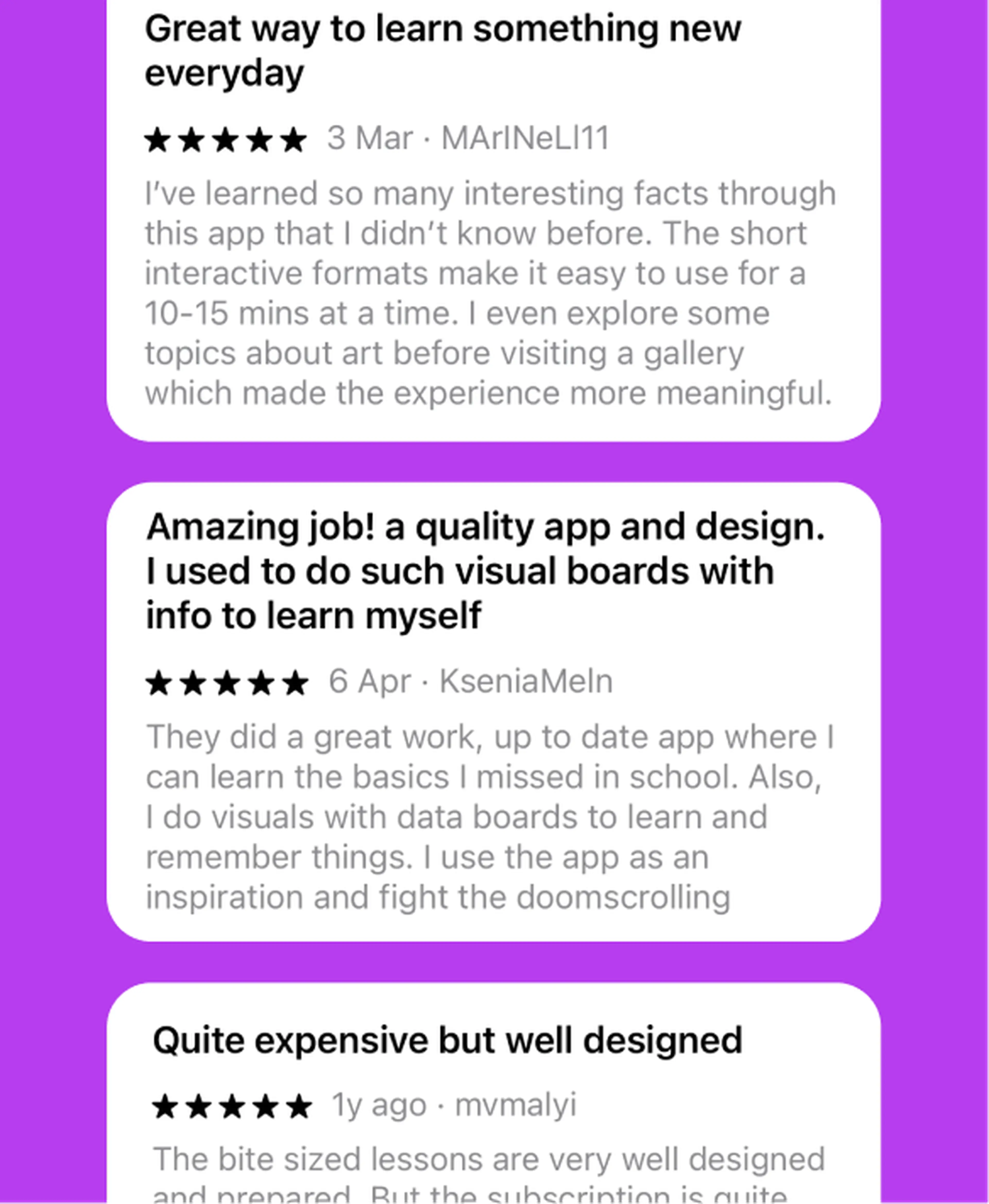 Avis clients cinq étoiles sur fond violet comparant des applications d'apprentissage nibble vs brilliant, saluant les leçons courtes et interactives et le design visuel de qualité