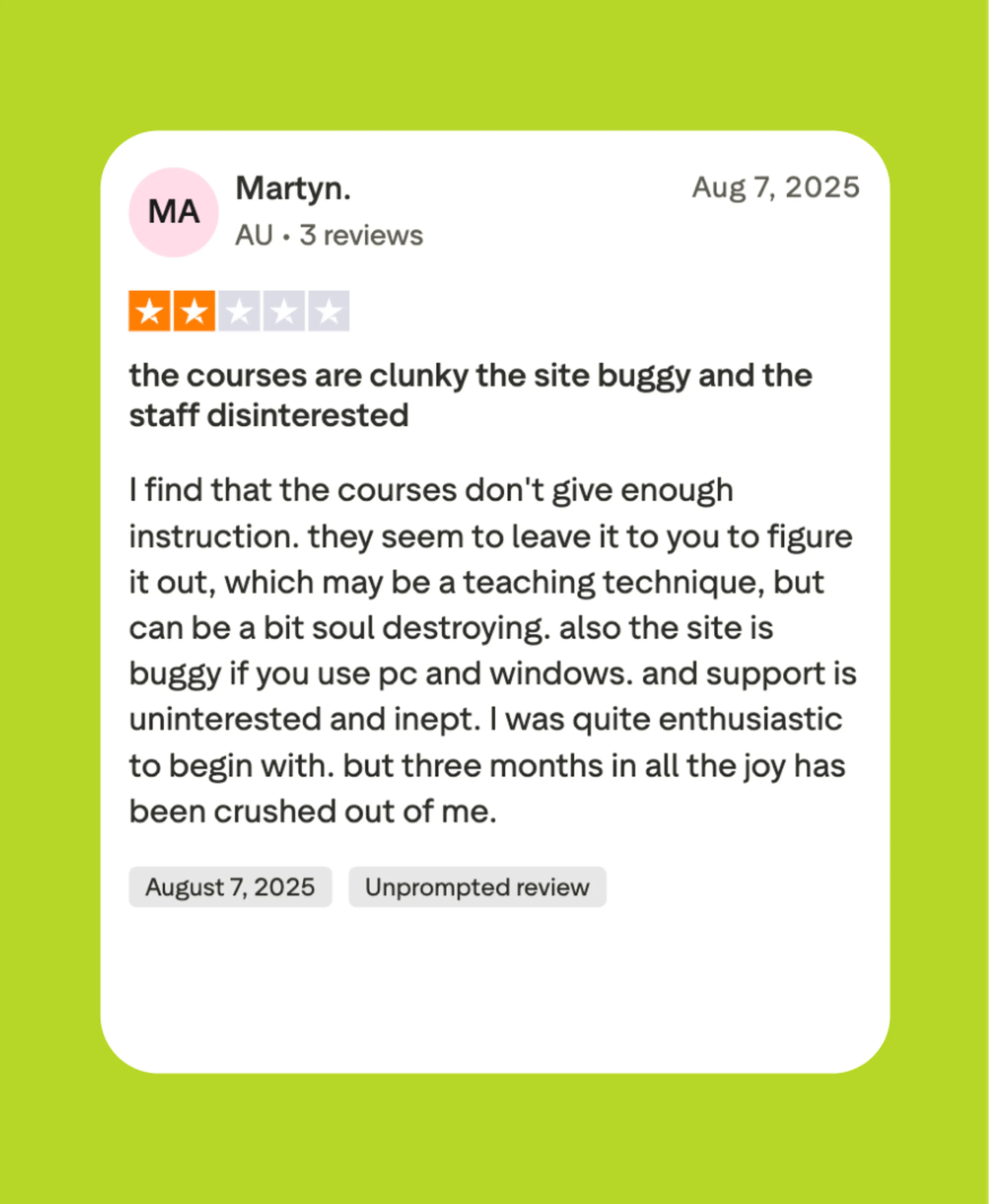 Brilliant review card from Australian user Martyn giving a 2-star rating, criticizing clunky courses, a buggy site, and unhelpful support, questioning if the Brilliant app is worth it