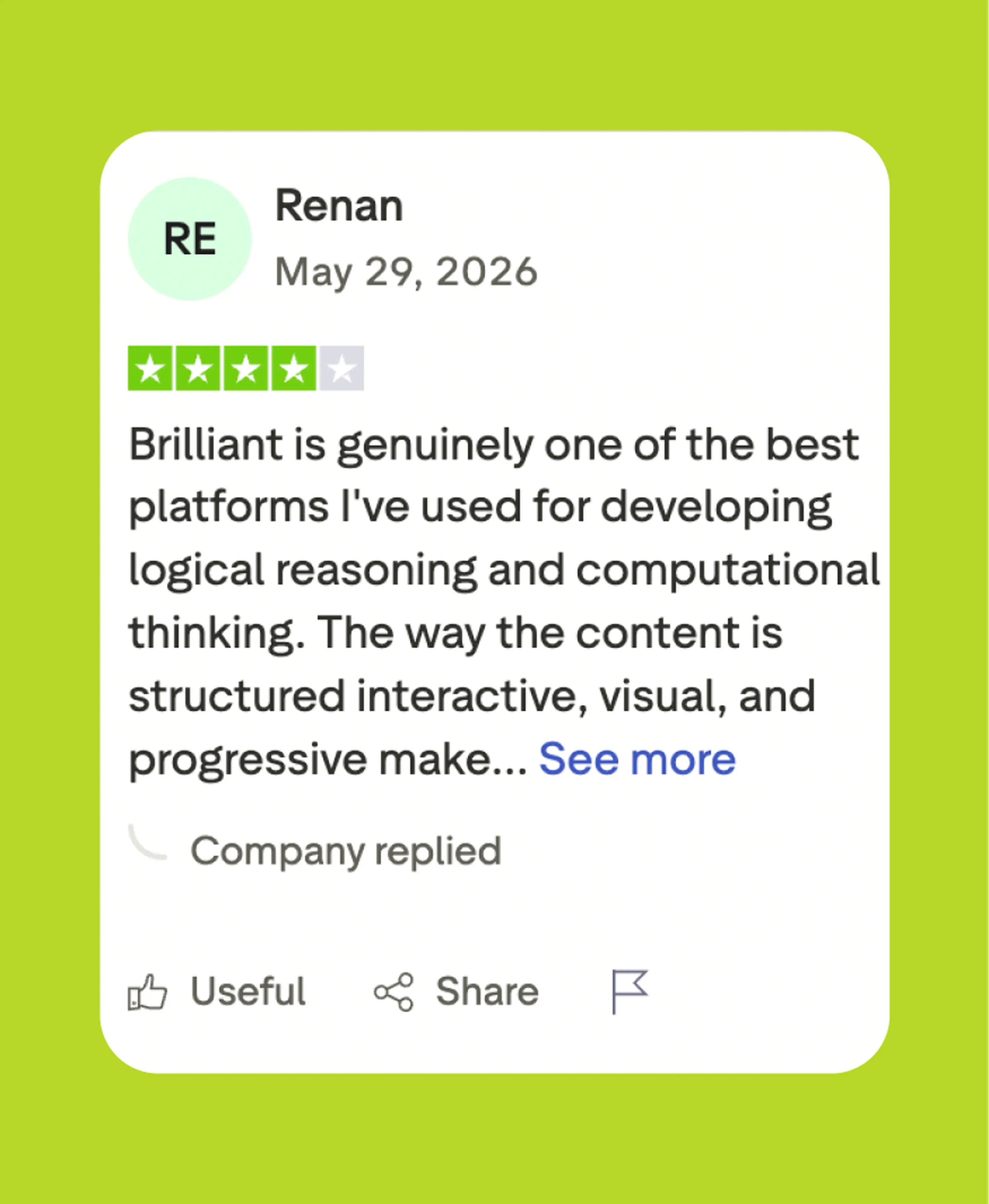 Brilliant review from user Renan giving four stars, praising the app as a top platform for developing logical reasoning and computational thinking through interactive content