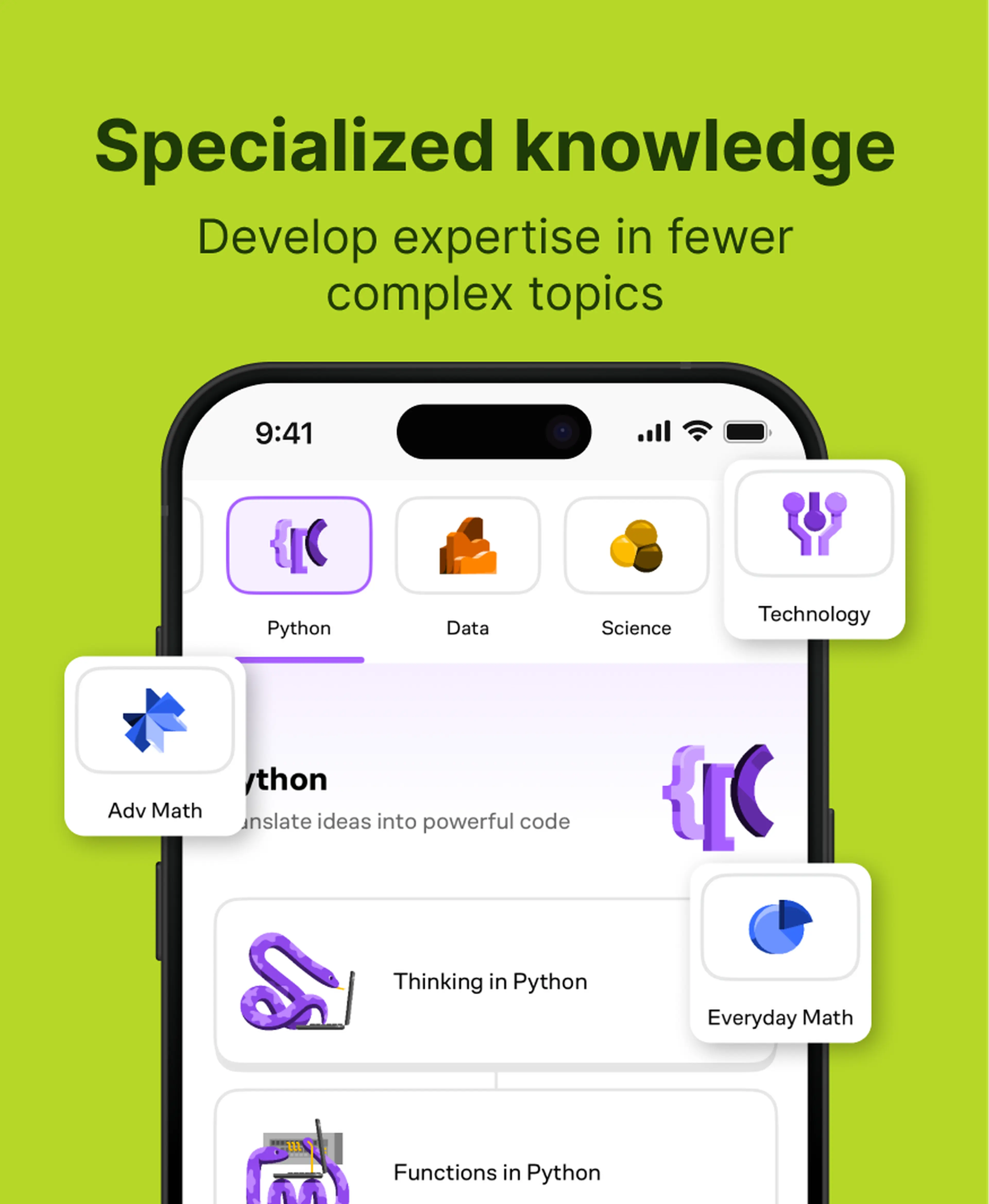 Nibble app screen on a green background showing Python, Data, Science and Technology course categories with Adv Math and Everyday Math topics for building specialized knowledge