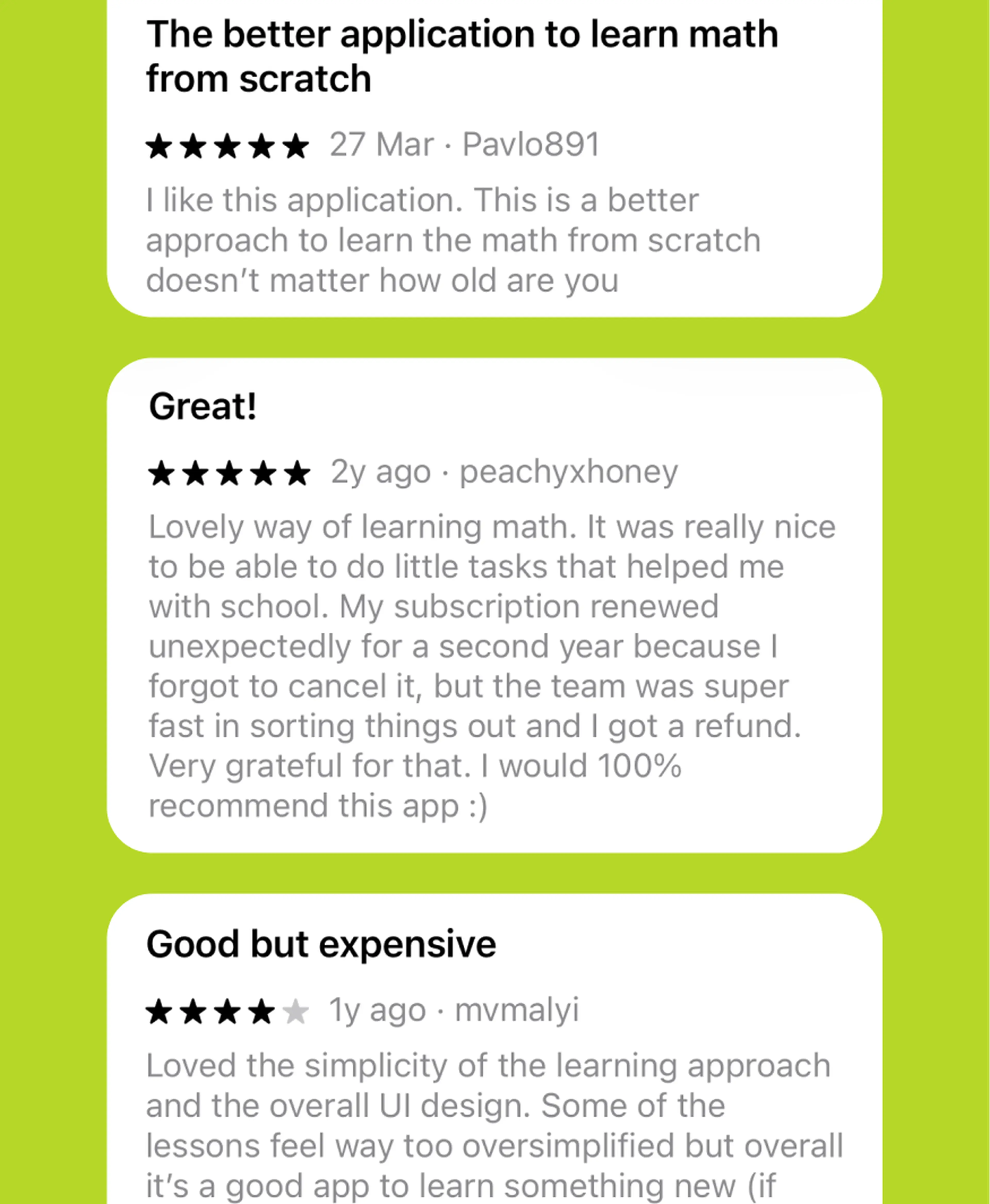 User reviews of the Brilliant app displayed as white cards on a lime green background, showing five-star and four-star ratings praising the math learning approach