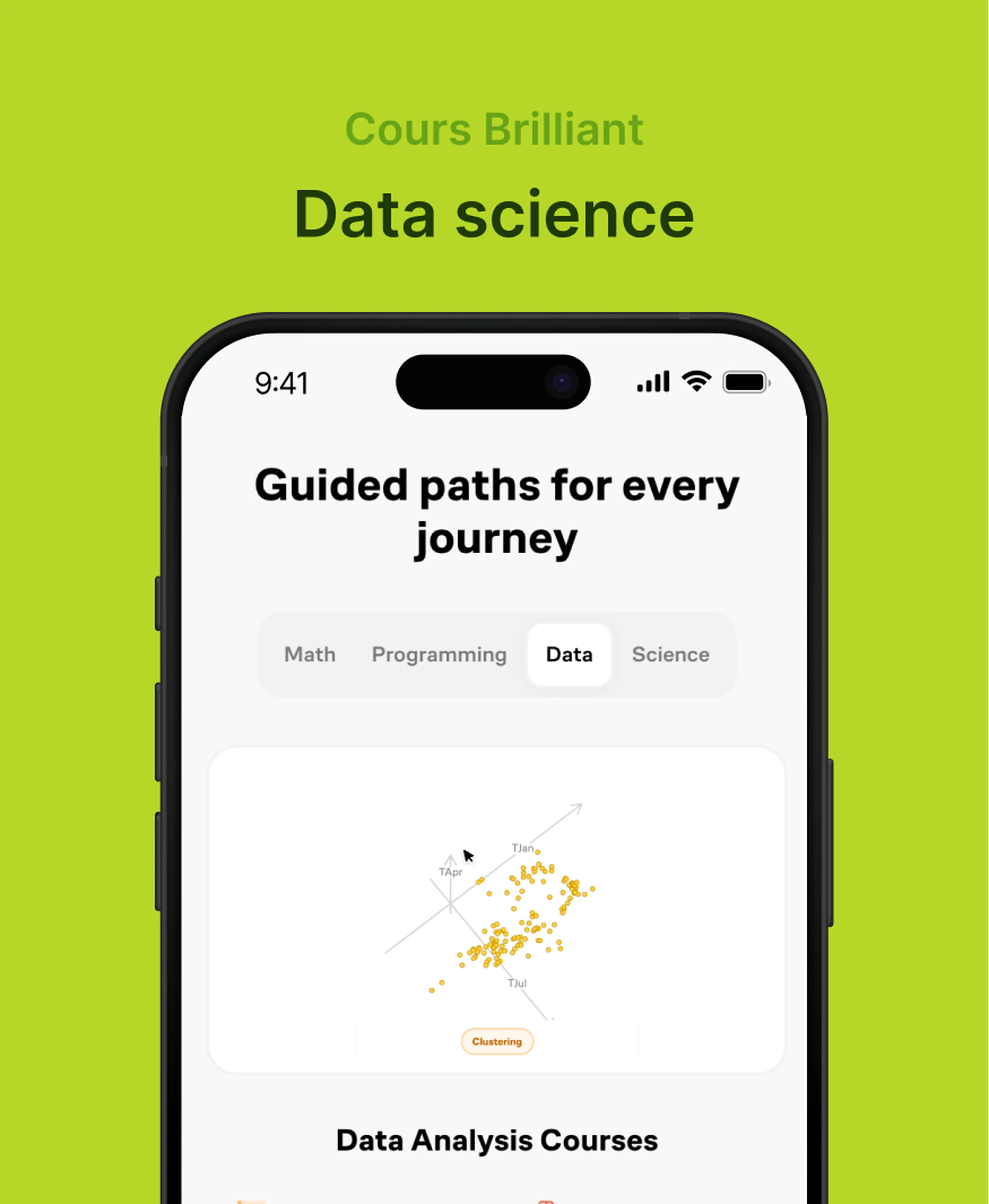 Application Brilliant sur smartphone présentant des parcours guidés en data science avec un nuage de points de clustering, pour évaluer si Brilliant vaut le coup, sur fond vert