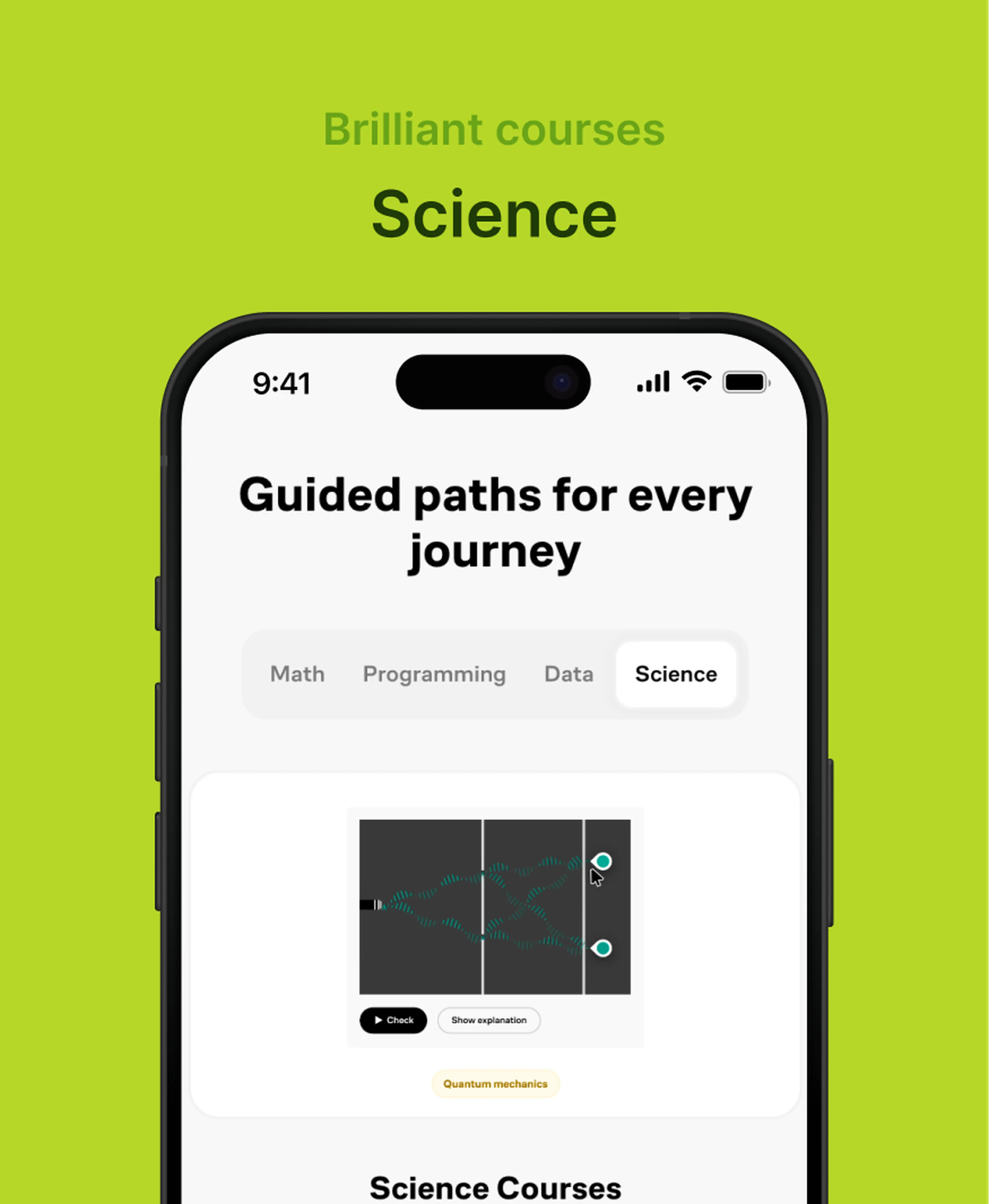 Brilliant app on a smartphone showing guided Science learning paths with a quantum mechanics lesson, displayed against a bright green background for a Brilliant review