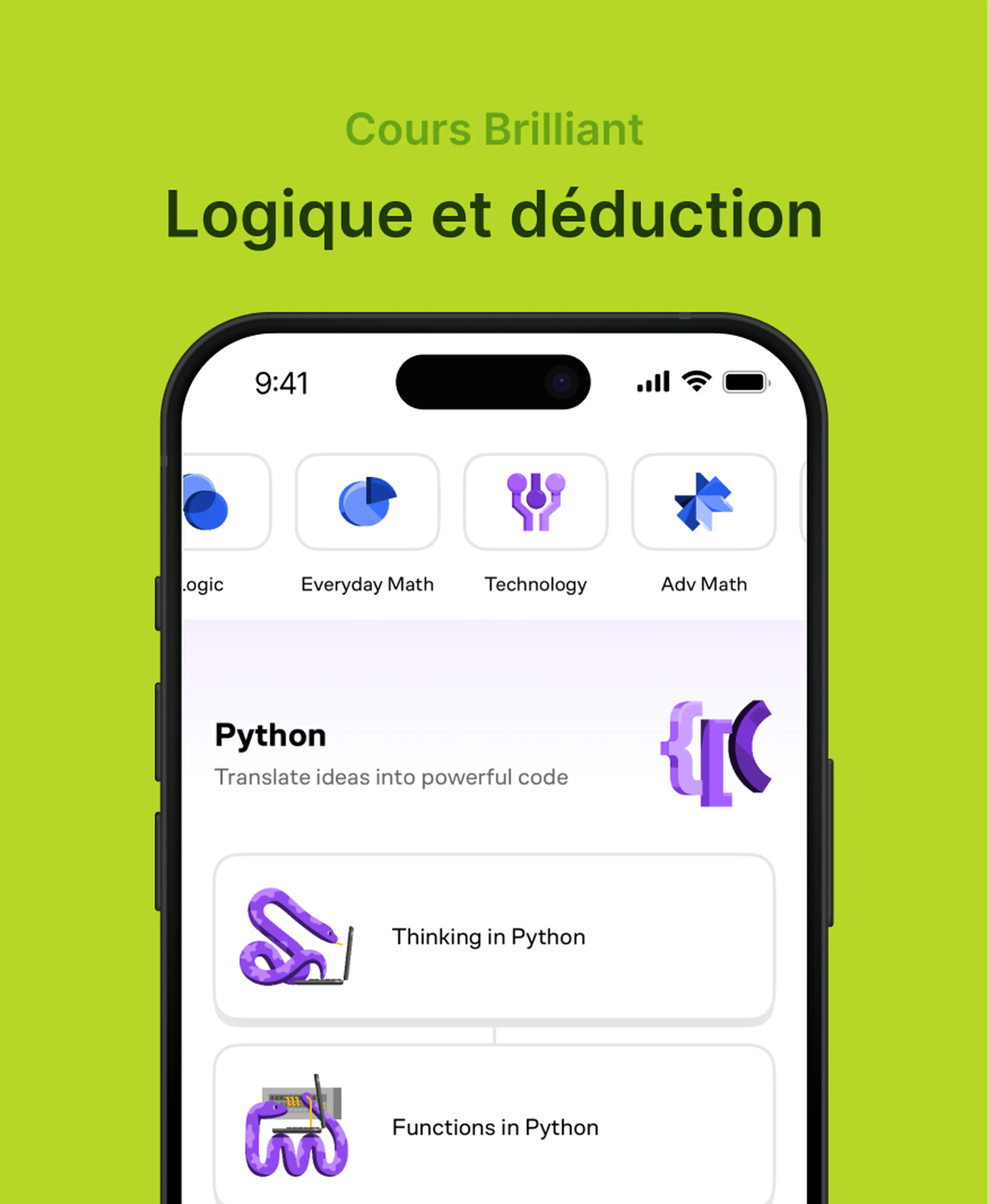 Application Brilliant sur smartphone montrant le cours Logique et déduction avec des leçons Python, illustrant si Brilliant vaut le coup pour apprendre à coder et raisonner